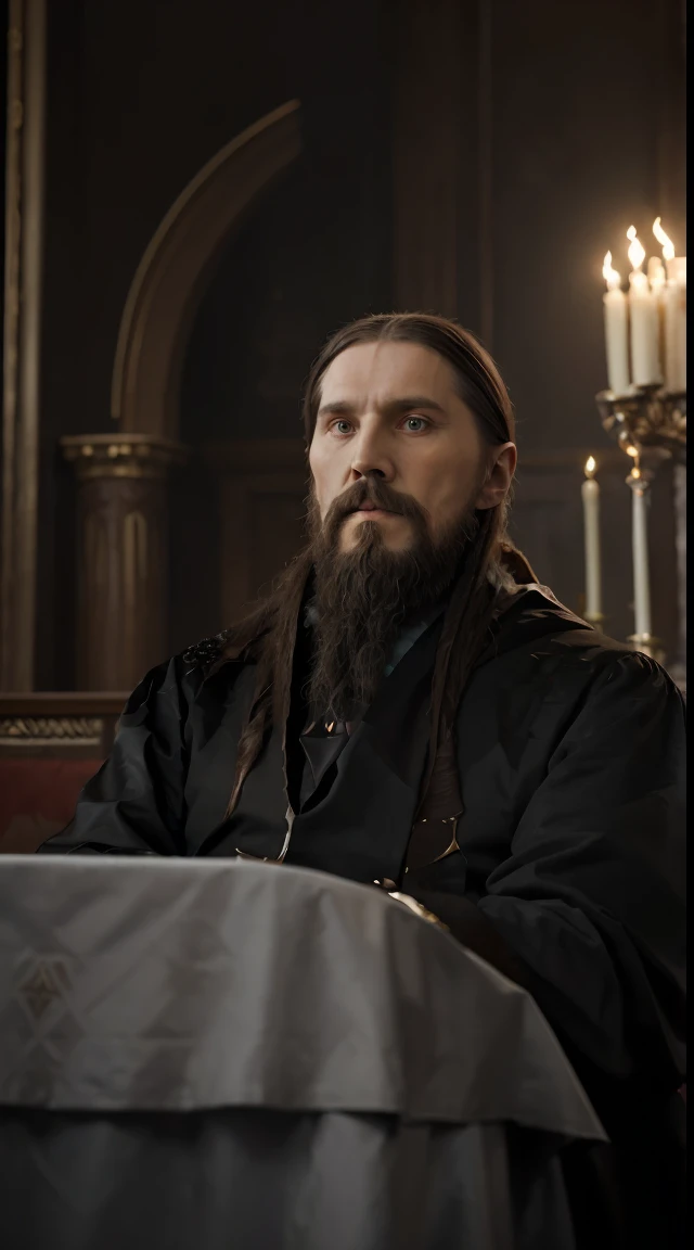 Sketch a scene reflecting (((Rasputin's unorthodox lifestyle))), drawing inspiration from Edwardian-era illustrations. Opt for a long shot perspective with a (((wide-angle lens))), capturing Rasputin's presence amidst a grand room. Infuse the sketch with subtle surrealism, conveying the controversial nature of his role as a close advisor to the royal family.