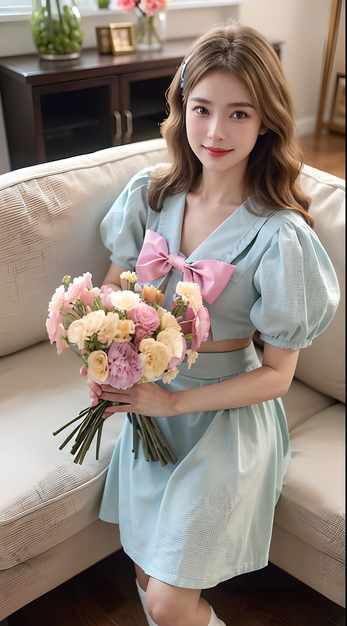 Best Quality,nffsw,nffsw,8K,Vivid colors,Solo,Front view,Photo_(Medium),(1girl in:1.3),(Looking at Viewer:1.4),
Cowboy Shot,Standing,Outside,skyporn,livingroom,(holding flowers:1.4),put,Bow、A dark-haired