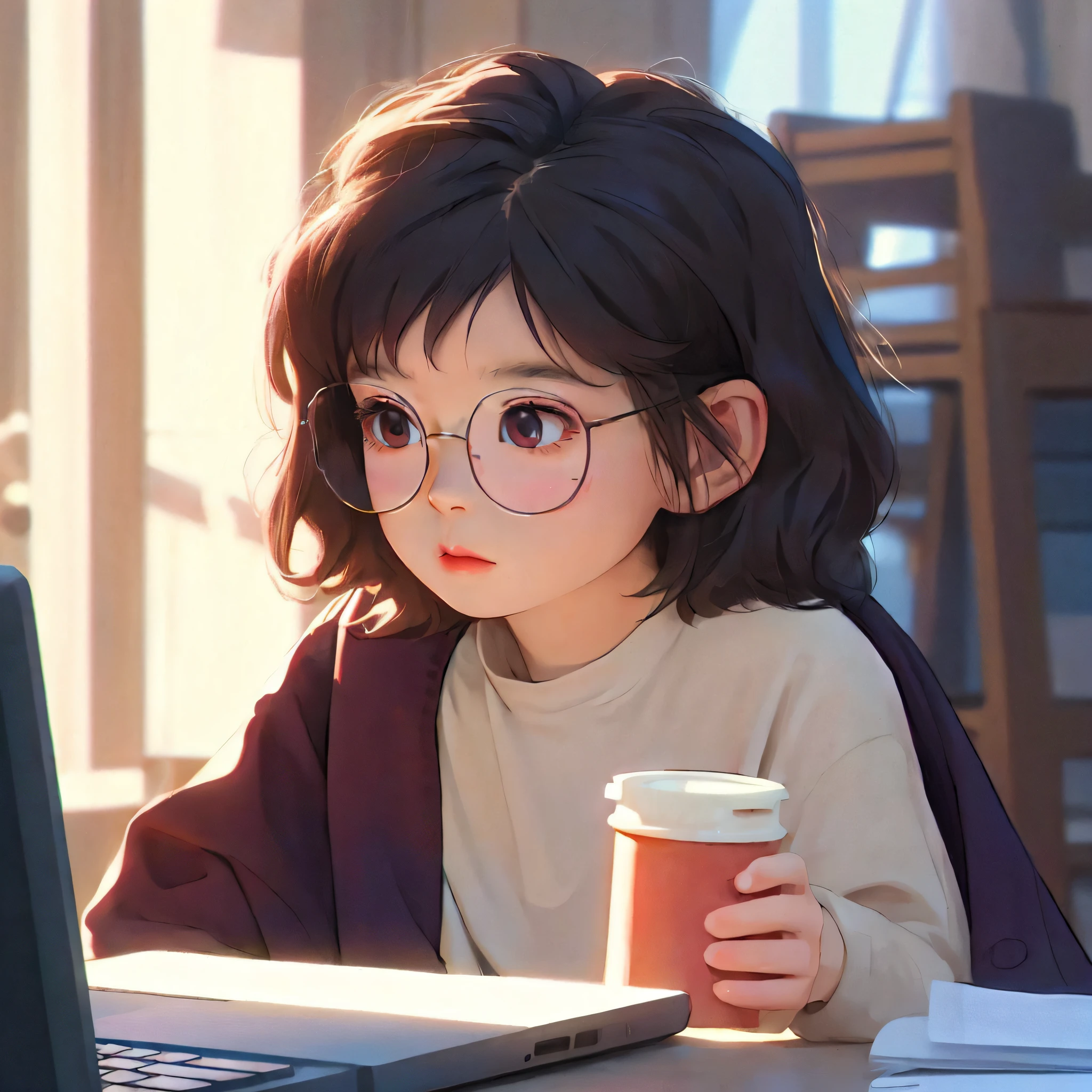 Anime girl with glasses and a cup of coffee looking at a laptop, Guviz-style artwork, lofi-girl, Realistic anime 3 D style, adorable digital art, Guviz, lovely digital painting, Cute detailed digital art, Digital anime illustration, lofi portrait, Digital Art Ilya Kuvhinov, Anime style. 8K