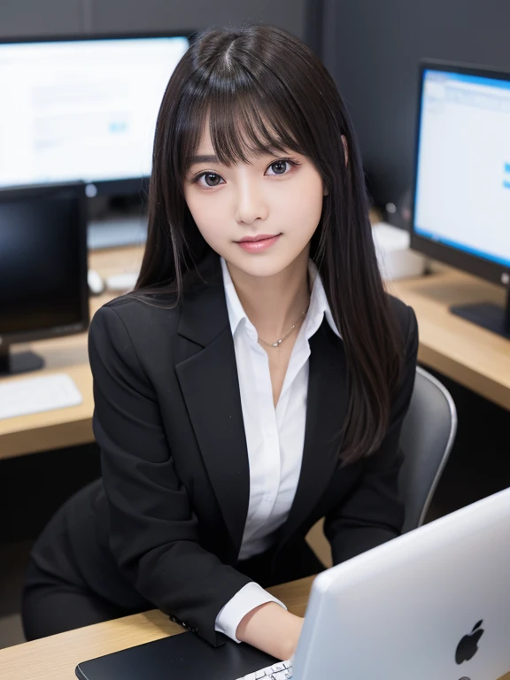 ((glistning skin))、女の子1人、15 year old beautiful girl in Prague、bright expression、with round face、Glossy glossy skin、(Medium Hair)、eye liner、Beautiful bangs、Hair between the eyes、Digital SLR、Soft light、hightquality、natural soft light、Looking at the camera, Soft smile、Secretary, black business suits, black suits(high-heels), High floor office background、Black tight skirt, a computer, personal computers