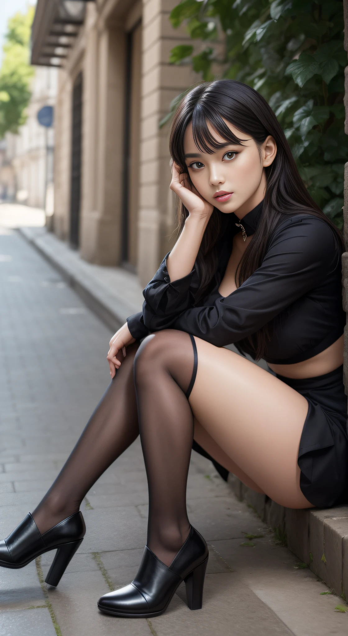 8K, Meisterwerk, RAW-Foto, best quality, fotorealistisch, extrem detailliertes CG Unity 8K Wallpaper, Depth of field, Filmisches Licht, Blendenfleck, raytracing, (extremely beautiful face, beautiful lips, gorgeous eyes), Komplizierte Details Gesicht, ((Ultra-detaillierte Haut)) 1girls, Im Dunkel, bindenfer Schatten, pretty asian girl, best quality, full-length portrait, Zartes Gesicht, handsome face, 25-year-old woman, schlanke Figur, mittlere Oberweite, OL Uniform, Bürokleidung, black legwear, Outdoor-Szene, Sitzposition, high heels, geeignet, binden