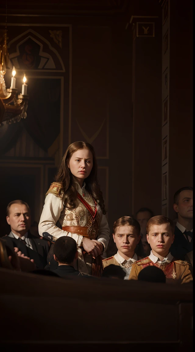 Capture the poignant moment of (((the tumultuous end of the Romanov dynasty))) in a realistic photographic style. Opt for a panoramic shot with a (((wide-angle lens))), framing the last gathering of the Romanov family. Use natural light to enhance the historical atmosphere, focusing on facial expressions and subtle details reflecting the approaching Russian Revolution of 1917."