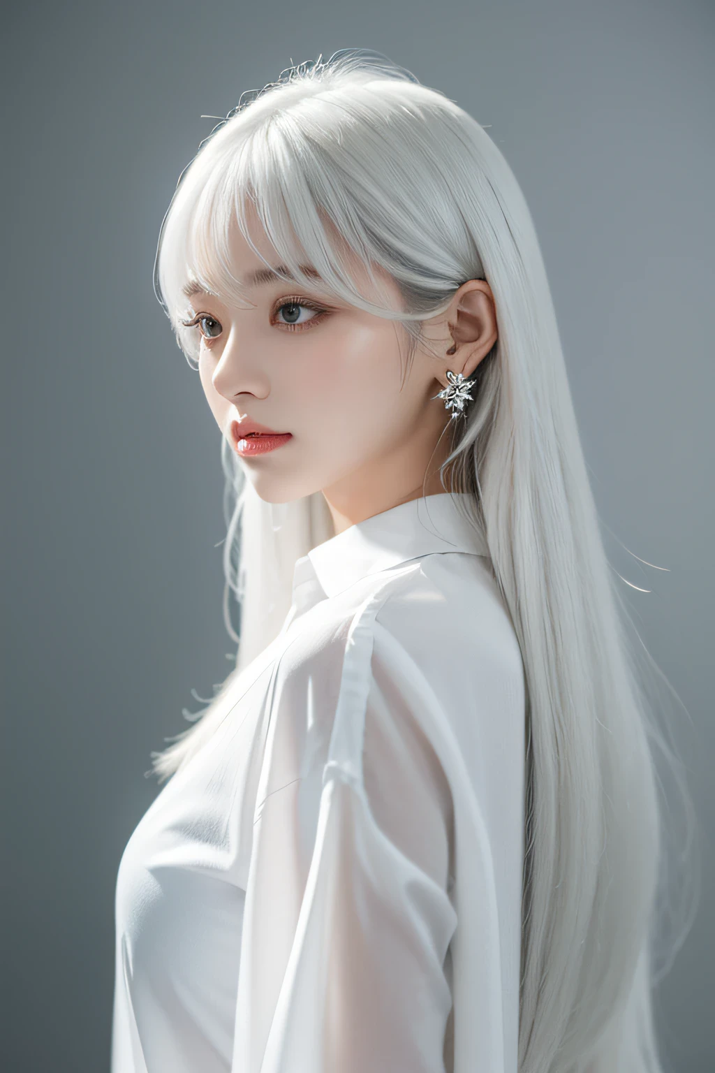 1girll, Solo, Long hair, shirt, view the viewer, White shirt, bangs, Upper body, Earrings, From the side Side, jewelry, White hair, Closed mouth