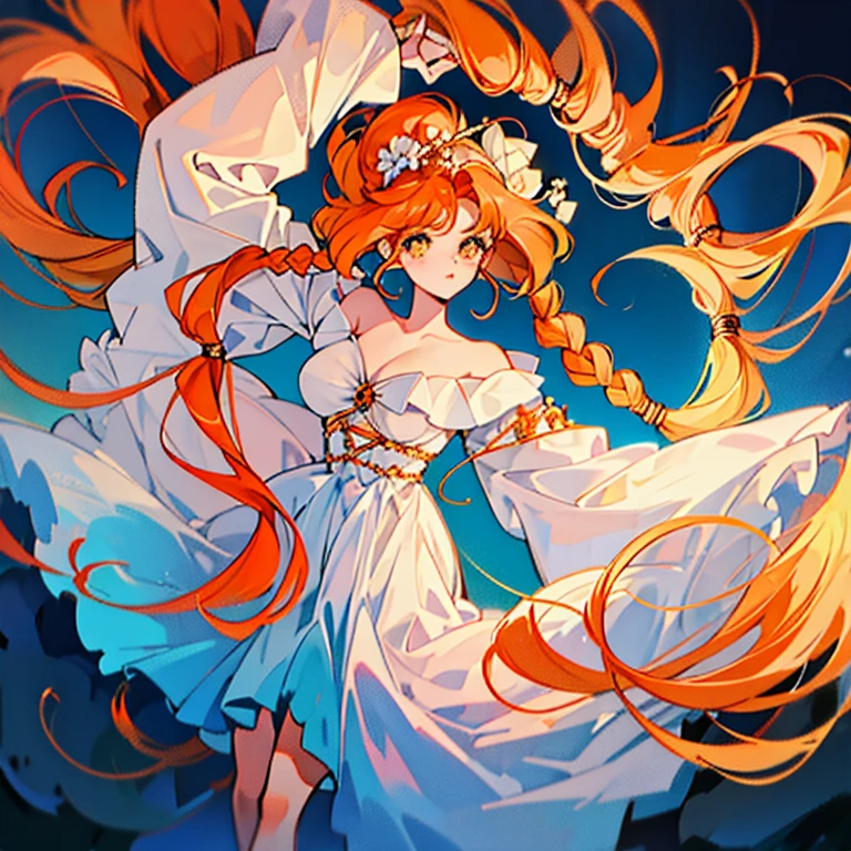1girl, goddess with fluffy long orange hair, up in the clouds, beautiful flowy and fluffy dress, radiant, ethereal.
