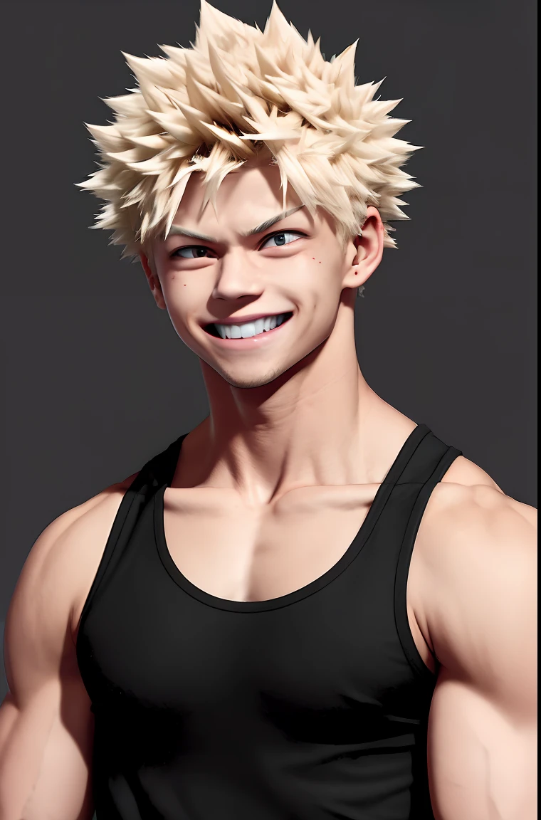 horikoshi kouhei, 1boy,  bakugou katsuki, bare shoulders, black tank top, blonde hair, blurry, blurry background, boku no hero academia, chama kou, highres, angry smile, muscular, muscular male, red eyes, short hair, spiked hair, tank top, twitter username, background outdoor