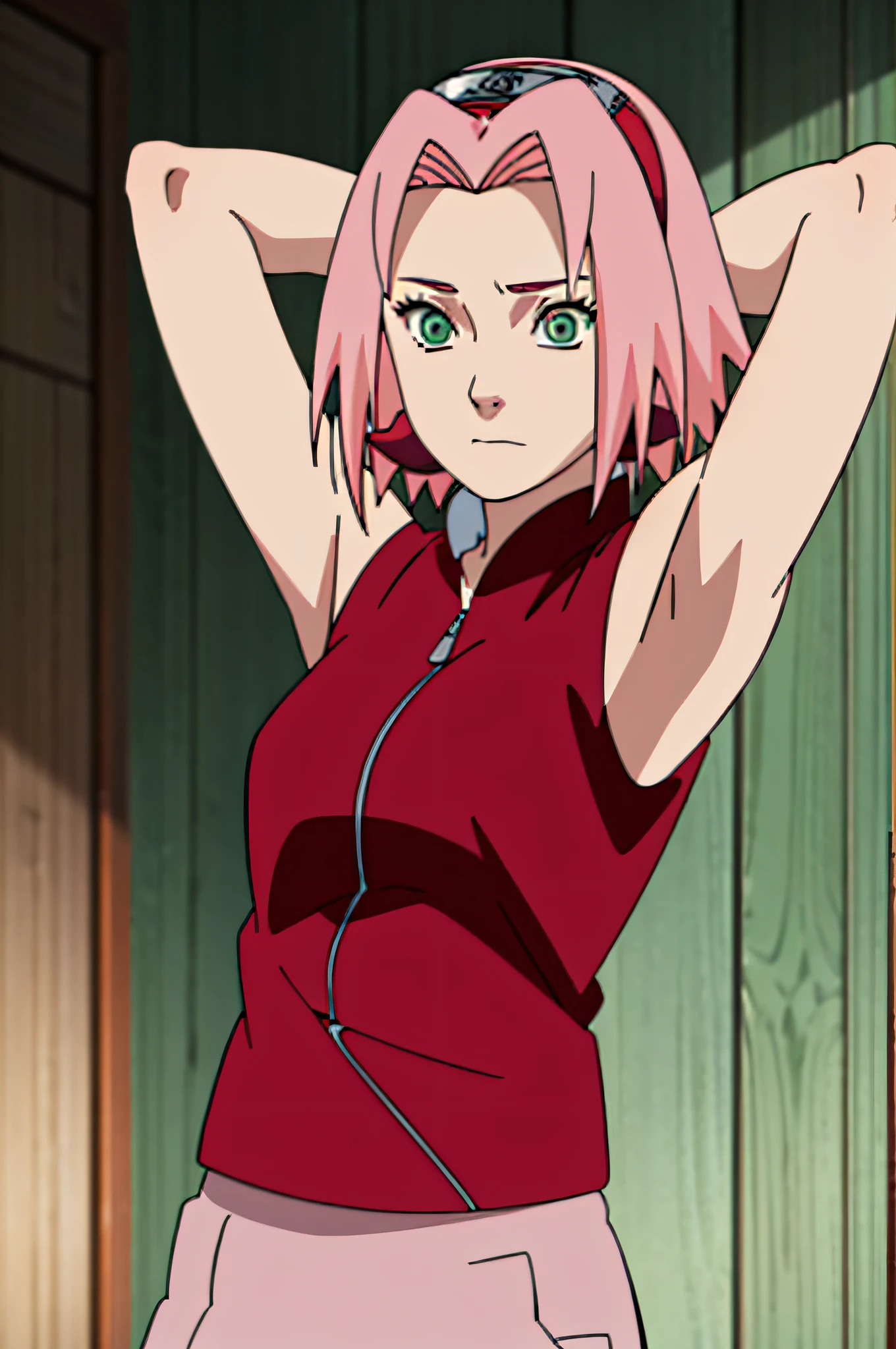 sakura haruno, sleeveless, red jacket, forehead protector, konohagakure symbol, arms behind head, armpits, showing armpits, posing, green eyes, perfect proportions, sakura shippuden