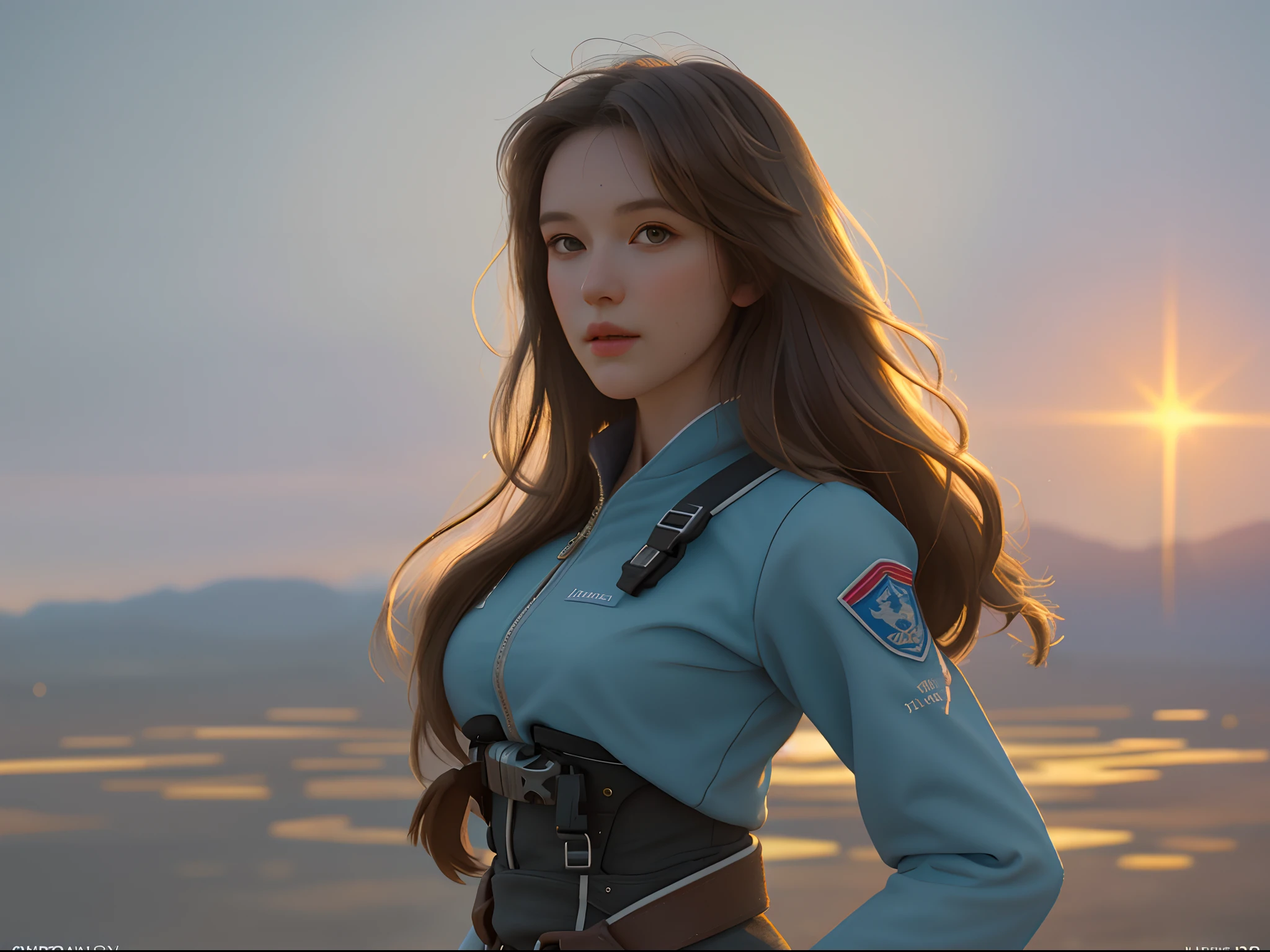 Wide show, Masterpiece, best quality, 1 35-year-old woman, solo, brunette hair, skydiving, not exposed, 8 k ethereal, lighting, warm lighting, 4k extremely photorealistic, cgsociety uhd 4k highly detailed, trending on cgstation