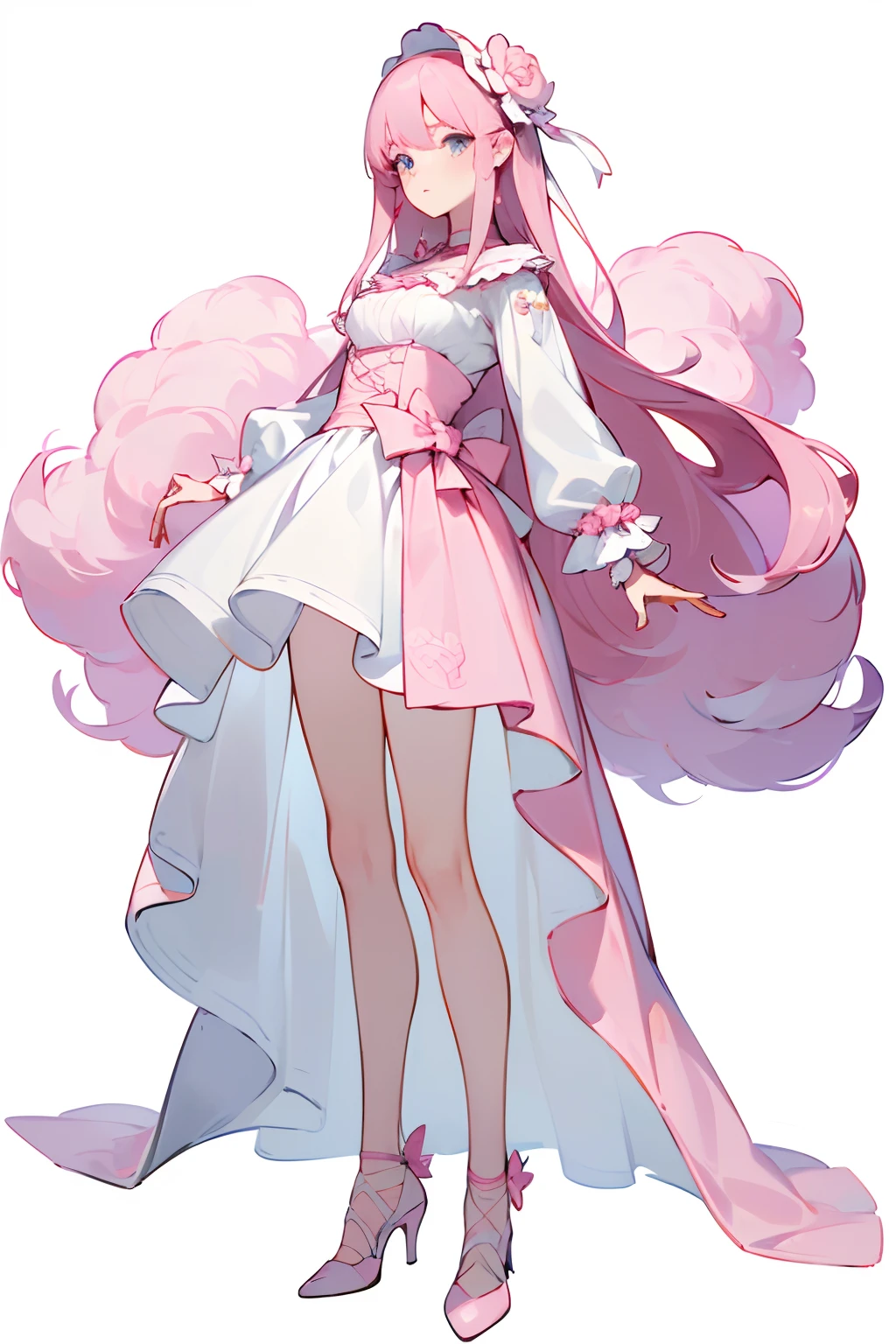 ((Best Quality)), ((Masterpiece)), ((Realistic)), (Character full body), (((best quality, high quality))), ((((UHD, highres))), (concept art), 1 girl, standing full-body, Clear facial features,Simple line design,Transparent background,(tmasterpiece,top Quority,best qualtiy, Clear facial features,beautidful eyes,beauitful face), beautiful, (((simple detailed))) (((white background))) 6 and a half heads full body, pink, cotton candy, high heels,
