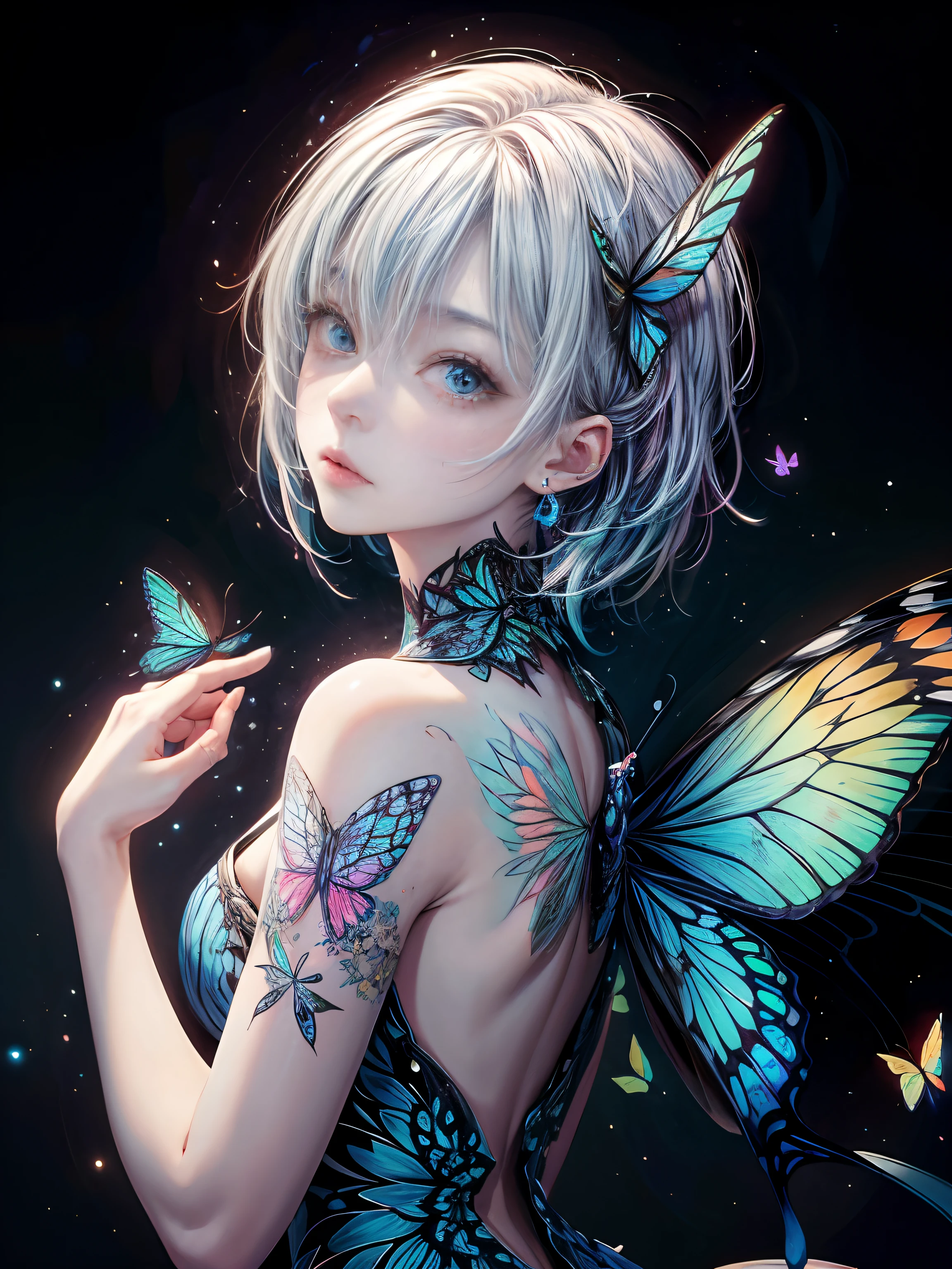 A high resolution,Ultra photo realsisim, Ultra detail,1girll ,There is a butterfly tattoo on the back,Butterflies flutter around,glowy skin, Light blue hair, Blue ace,(Fractal art),