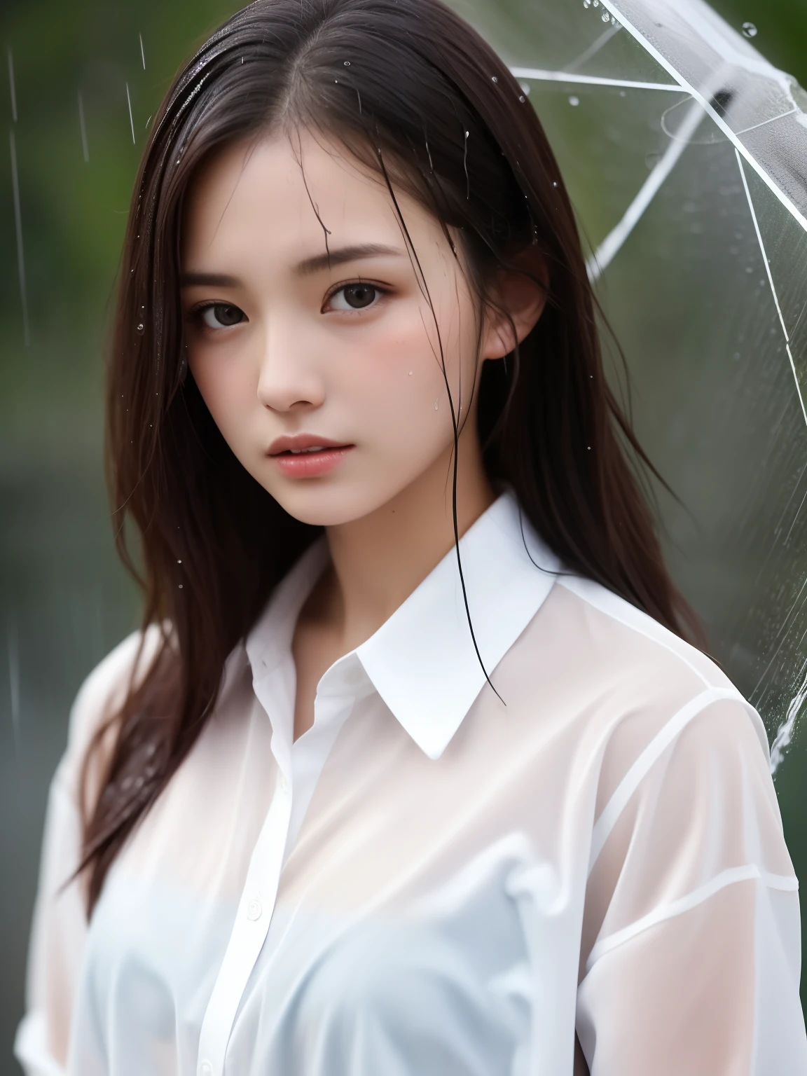 Sudden rain、Sexy Girls、round face、extremely beautiful。Colossal big、Pure white shirt with see-through lace、brunette hair,I was wet in the rain.,Wet season,Soaked raincoat,Shining skin wet with rain,Close-up、Professional lighting,Movie Light、top-quality、cowboy shot、A wide view of people in the rain、The shirt attaches to the body.、Show signs of wear and tear。