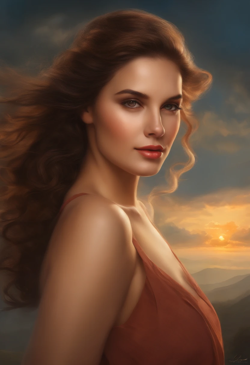Obra maestra, Calidad de primera clase, Unique female figure, Ethereal Girl, Rodeado de nubes, flotando en el aire, primer plano, Energetic and friendly atmosphere, Warm and soft light, Puesta del sol, Chispas sutiles (Peso: 0.7)."
