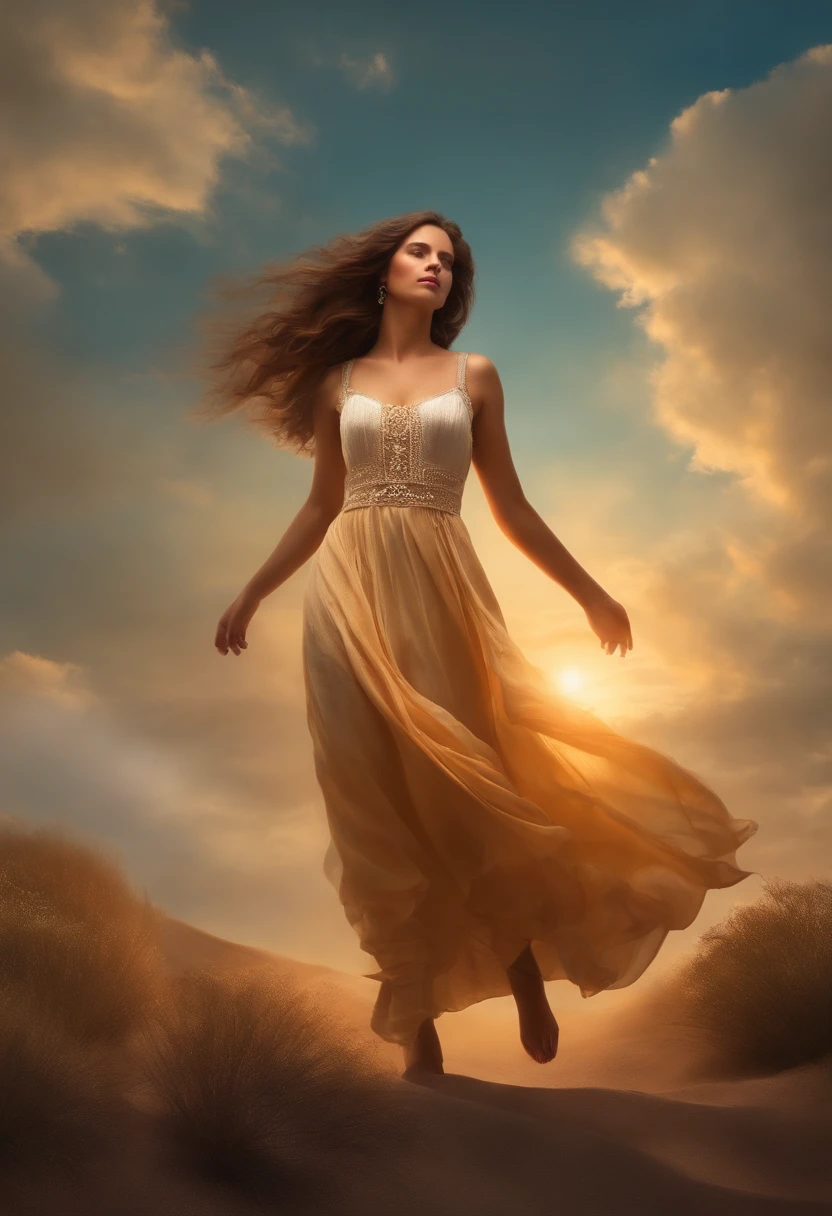 Obra maestra, Calidad de primera clase, Unique female figure, Ethereal Girl, Rodeado de nubes, flotando en el aire, primer plano, Energetic and friendly atmosphere, Warm and soft light, Puesta del sol, Chispas sutiles (Peso: 0.7)."