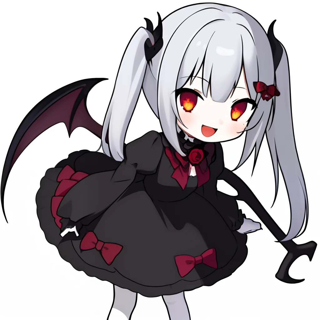 (grim aloe:1.5), demon horns, demon wings, demon tail, black dress, dynamic pose, standing, evil smile, blush, stylish pose, (masterpiece), (best quality), (ultra-detailed), (illustration), beautiful eyes, heart-shaped eyes, dynamic angle, black panty,