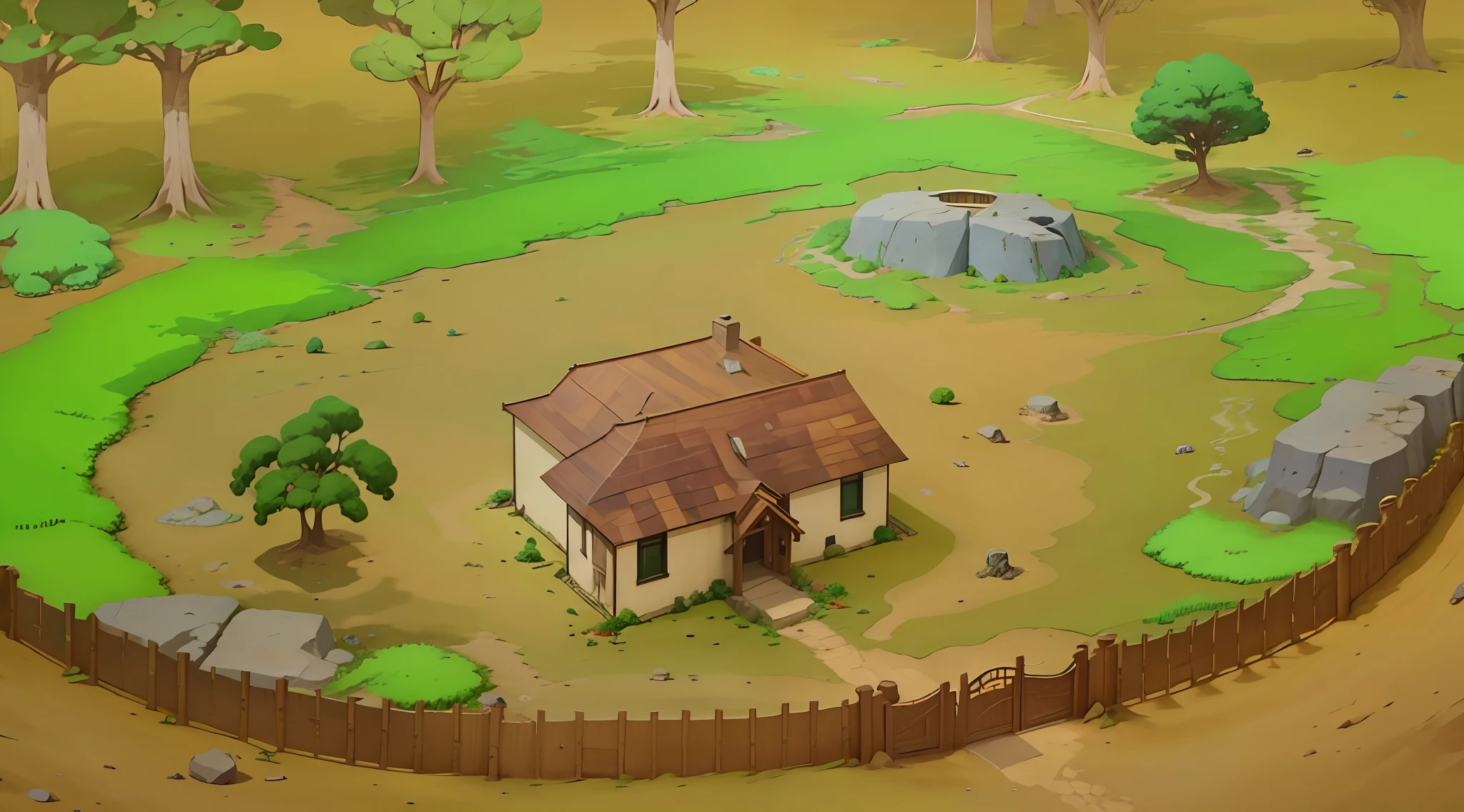 a house in the middle of an area surrounded by a wooden fence, dark brown soil, several coconut trees and lush trees, lots of bushes and quite large stones, old house, daytime atmosphere, has an entrance fence made of wood, jungle in background, anime, aime style, makoto shinkai style, 4k, 4k detailed