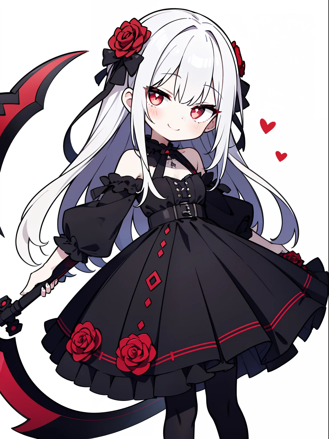 (8K、Masterpiece、masutepiece、​masterpiece)Vampires、Black dress、Cool dresses、Red Rose、roses、Background Simple、demon realm、cute little、a cool、(1girl in、the scythe、Diabolical、pluma)Silvery hair、Pale flesh-colored skin、Golden eyes、Cat-like pupils、a smile、There is something crazy about that smile、((((1girl in))))8K