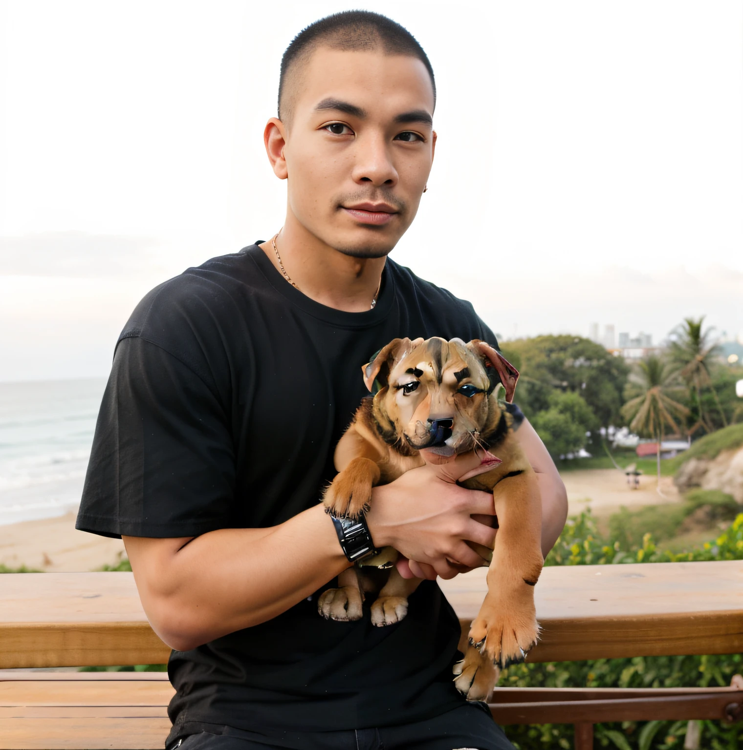27 year old Filipino Guy with curly short hair with a dog