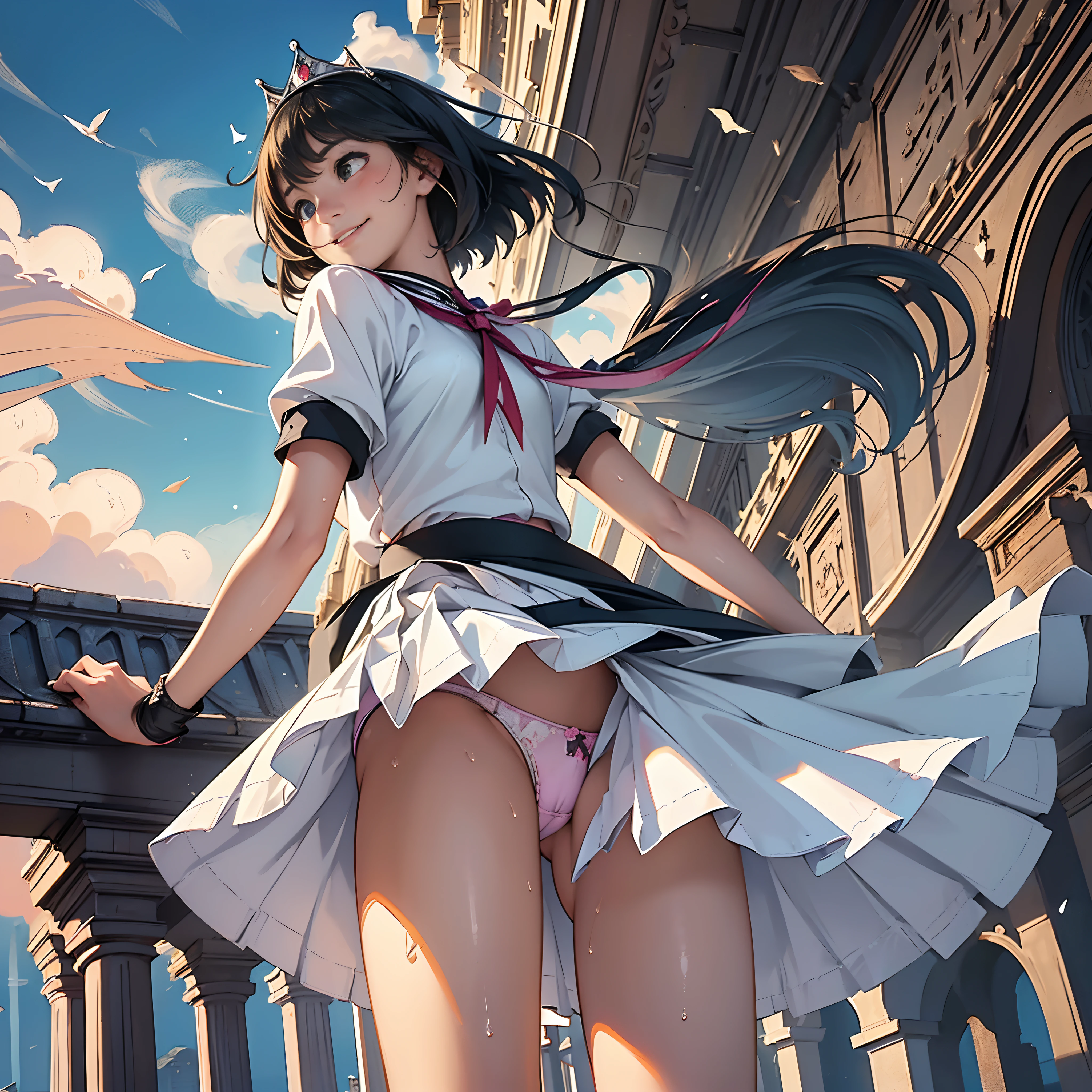 {{{masutepiece}}}, {{{Best Quality}}}, {{Ultra-detailed}},  {{extremely delicate and beautiful}},(nffsw), (Best Quality, 8K, 32K, masutepiece, nffsw:1.2),a photo of a cute girl, of the highest quality, Best Quality, Realistic, Unity, 8K Wallpaper, Official art,(ers old),(chilhe best princess in the world:1.5),(Uniforms with a lot of decoration:1.5),{{long  skirt}}、{{overknee socks}}、{Unripe々Shishi Body｝、{{scornful look}}、｛Upskirt due to strong winds｝、｛white  panties｝、{{Strong wind from behind}}、｛{Focus on the buttocks}}、｛Very fresh ass｝、The buttocks are visible、White panties on the buttocks、｛Very realistic white panties｝、{{extremely lifelikeｵﾏﾝｺThe shape of the}}、｛Detailed white panties｝、{{{{Panties see-throughｵﾏﾝｺExposed}}}}、(Wearing a tiara:1.3),(Smile:1.3),(Sweaty skin:1.5),Black hair,(Very short hair:1.3),(On the balcony of the palace:1.3),(,(Full body:1.2),(Skirt lift in high winds :1.7),(:1.3),(Mid summer:1.5),(Angle from below:1.7)、（Very low angle）,(I can see panties:1.5)、｛Panties for fullbacks｝、{{Panties that dug into the buttocks}}