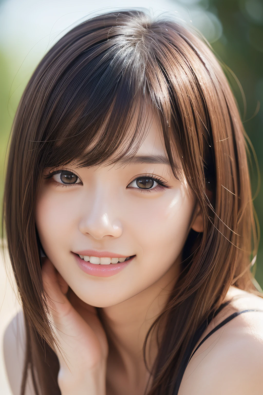 8K UHD,Raw photo,japanese beauty girl,(Real person:1.3),(hight resolution:1.4),(Detailed:1.5),(Realistic:1.7),age19,
​masterpiece,Raw photo,Art Portrait Photography,Real person,Raw foto,超A high resolution,Photorealistic,Best Quality,(High detailed skin,Skin Details),Visible Pore,Shiny skin,masutepiece,credibly_absurderes,finely detail,colorized, extremely delicate and beautiful,Very detailed 8k wallpaper,8K High Quality,Film grain,beautiful girl with beautiful details,(Looking at Viewer),professional photography lighting,extremely detailed eye and face, Eyes with beautiful details,analog style,Pay close attention to detail,blush,Cute and playful,Adorable,Medium Hair, hair messy,asymmetrical bangs,brown haired,Straight teeth,Smile,