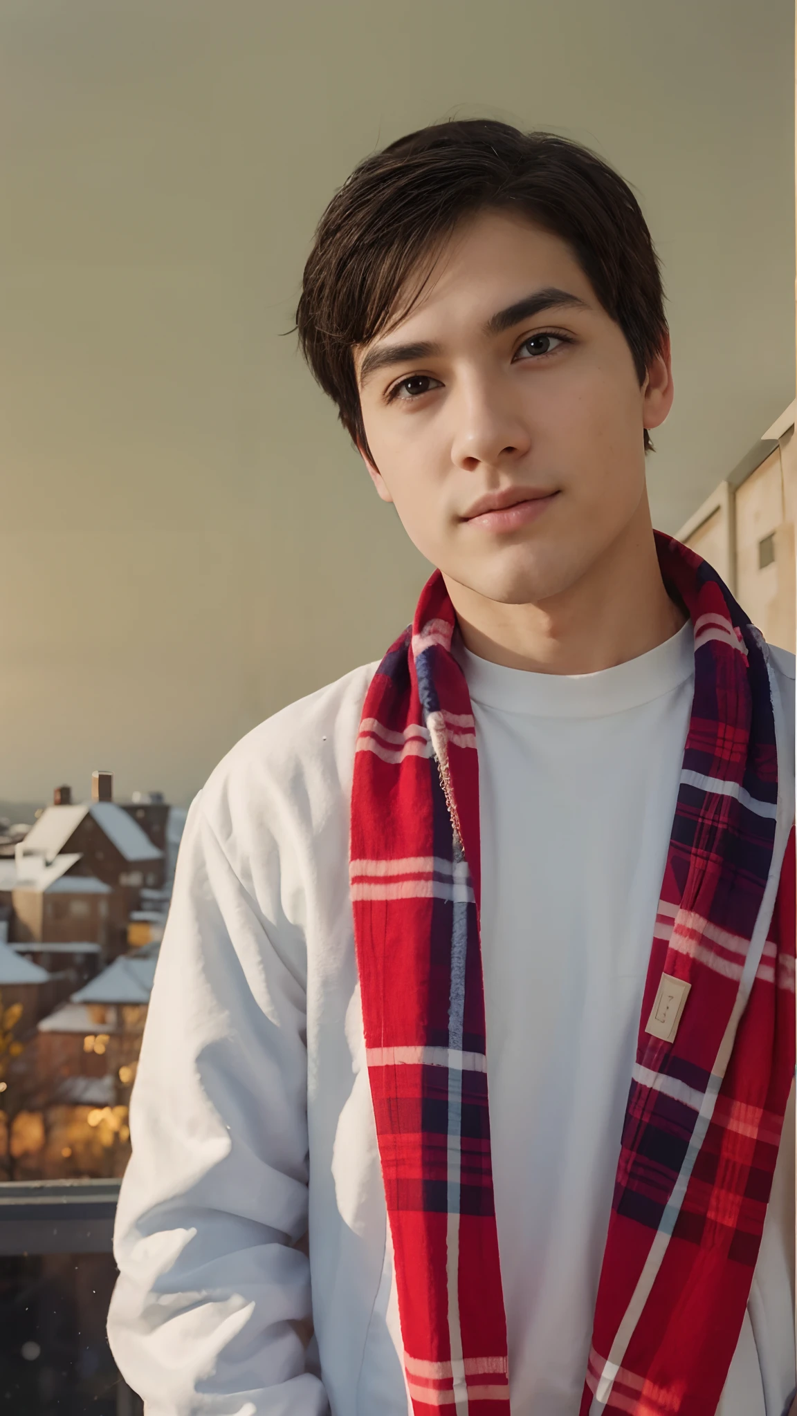 Tourist boy, winter, short messy hair, broom hair