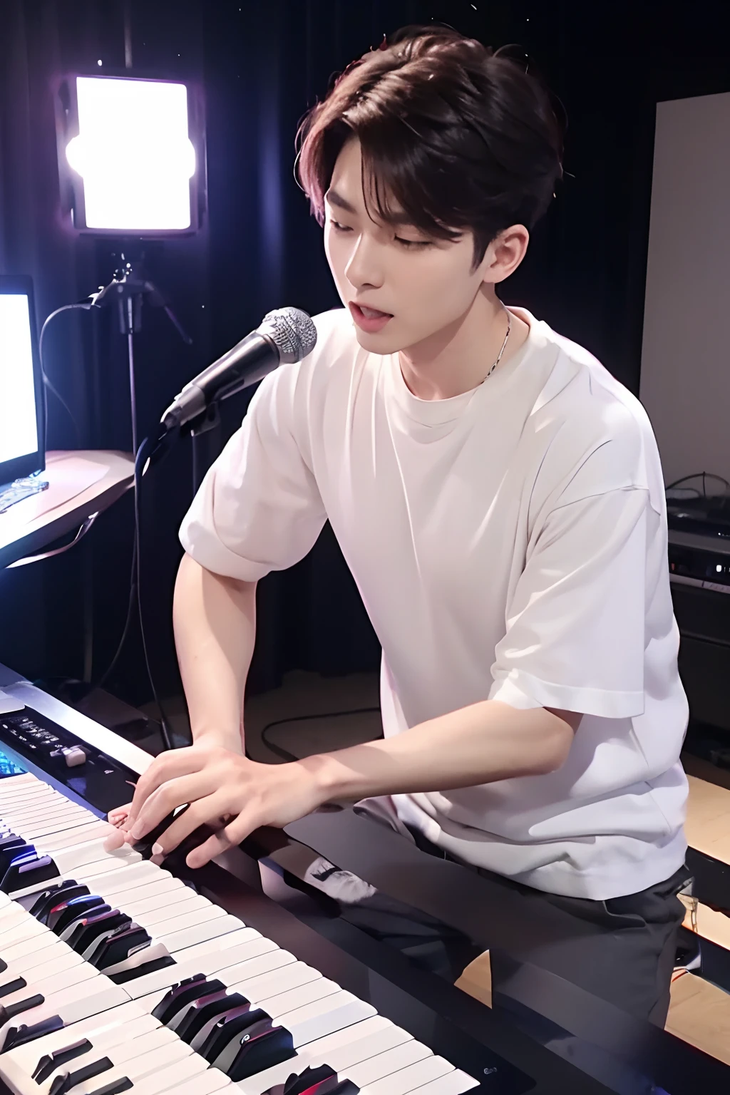 there is a korea model man play keyboard and, singing with microphone, in studio bed room, photoshoot , movie screen shot,