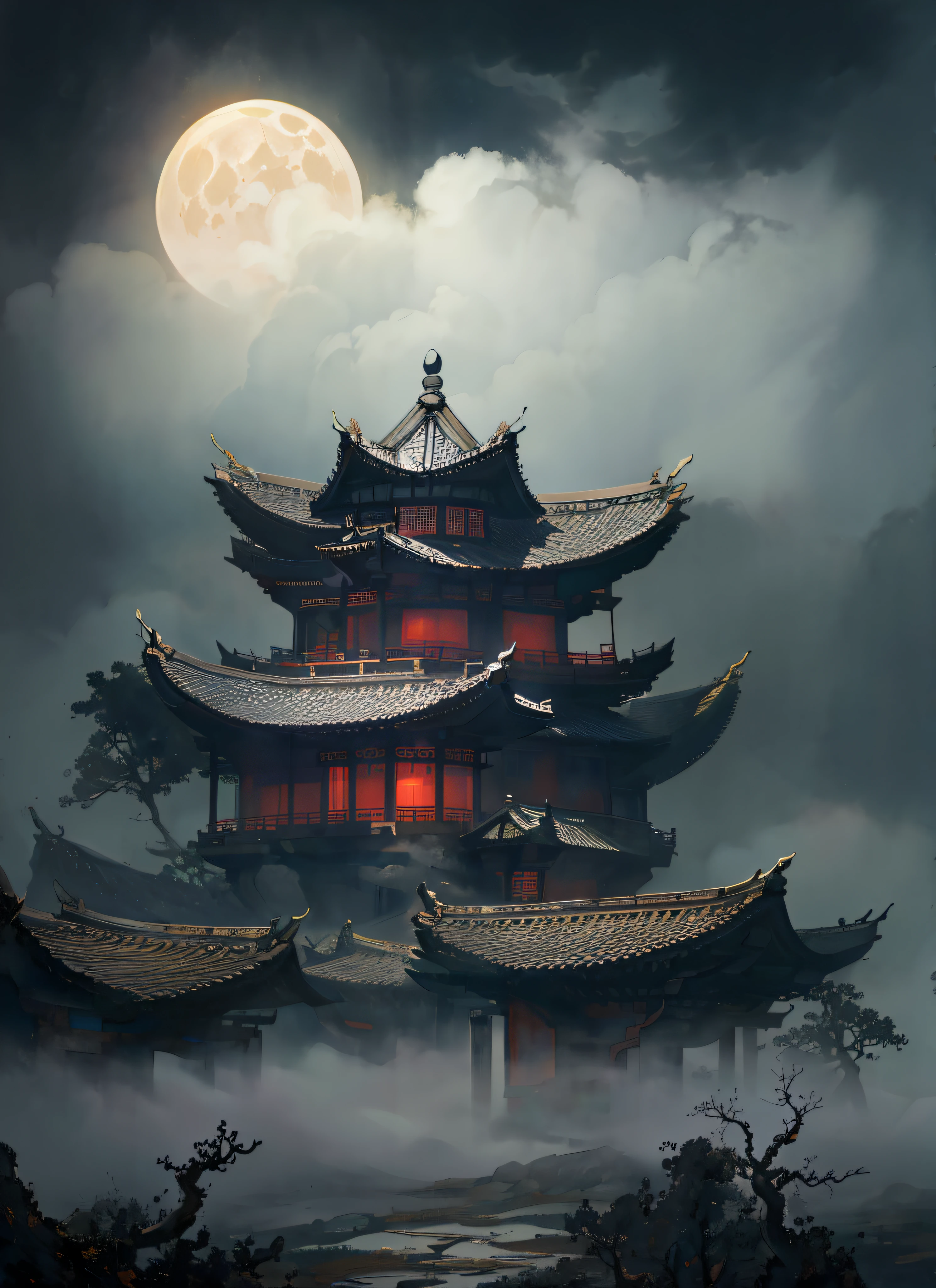Night or cloudy， Ceiling frescoes， China ink painting， look from down， super perspective，scattered perspective， An infinite extension of the sky， mist， Clouds， Fantasy composition， Neon amber moon， The realm of mystery， Floating forest， mist， Clouds， Huge tree trunk， Golden translucent fog rain， iintricate， Balanced composition with proper tension and density， Evocative， Decent posture， Extremely low lens， 32k UHD， Mega Piser， The light from the back window is backlighted， volumetr，