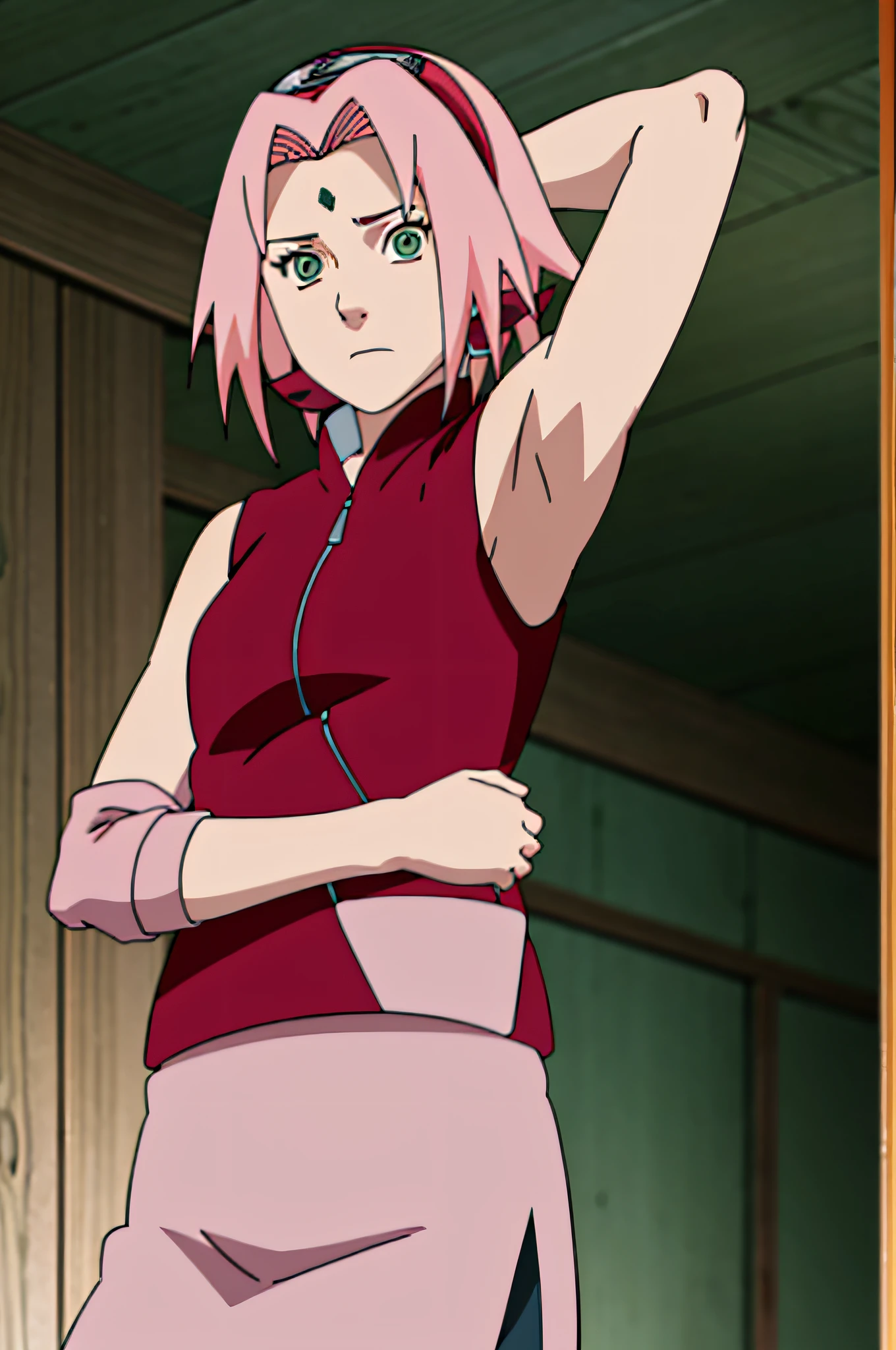 sakura haruno, sleeveless, red jacket, forehead protector, konohagakure symbol, arms behind head, armpits, showing armpits, posing, green eyes, perfect proportions, sakura shippuden