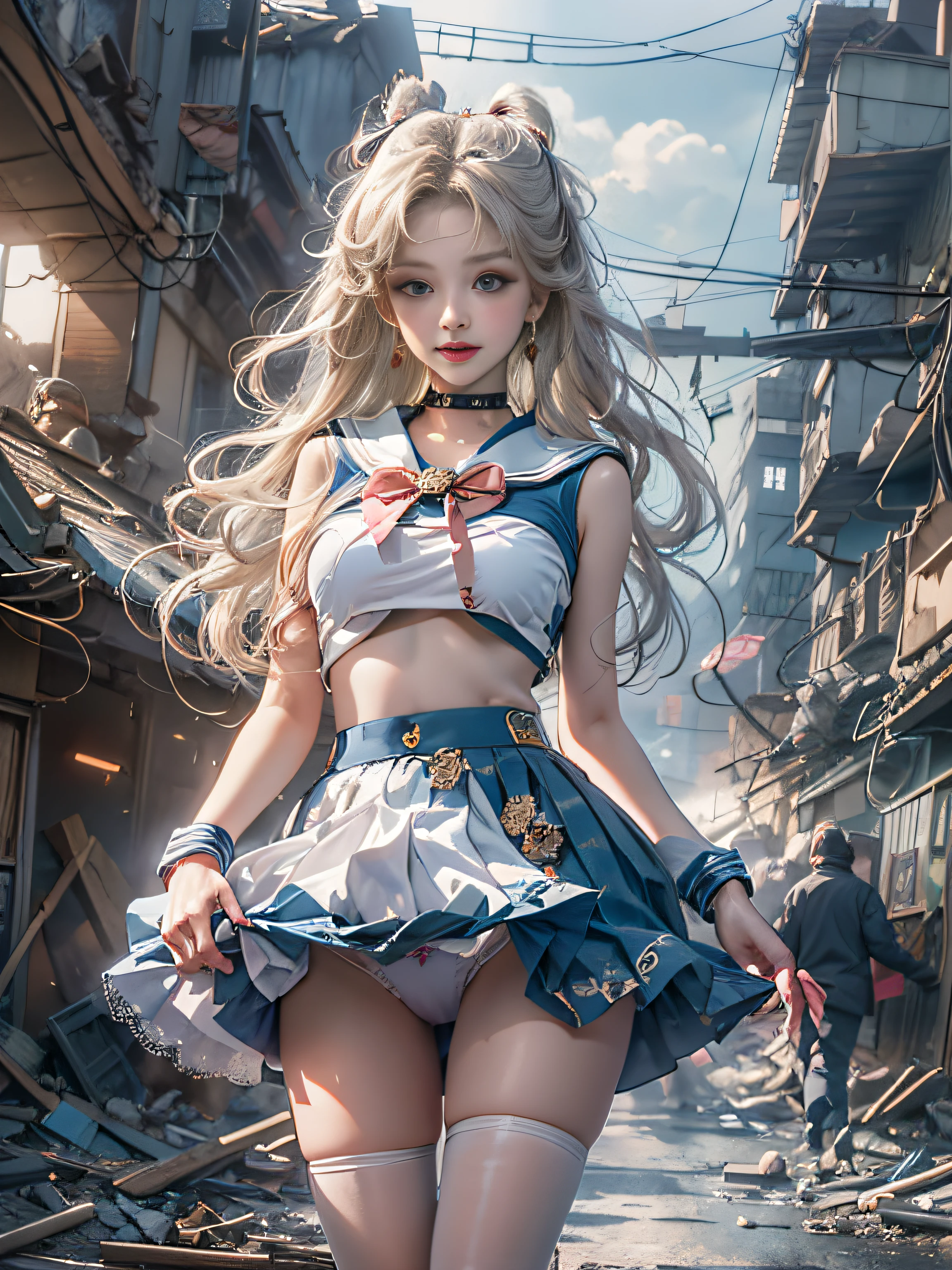 Jennie Blackpink Gorgeous Sheer Blue Short Dress, ​masterpiece, best qualtiy, High resolution, venus1, Yui, (Sailor Senshi Uniform:1.4), sailorvenus, aino minako, Golden white hair, magical  girl, blue eyes, orangeskirt, Elbow length gloves, tiarra, 60% Pleated mini-skirt , hair bows, Sailor color in orange, a miniskirt, gargantilha, Red bow, orangechoker, white glove, Very long hair, jewely, earrings, Denim Throws, View from below, ((intricate detailes)), They are smiling,,More detailed 8K.Unreal Engine:1.4,nffsw,best qualtiy:1.4, Photorealista:1.4, Skin Texture:1.4, ​masterpiece:1.8,​masterpiece, Better Quality,Object Objects], (detailed facial features:1.3),(Destroyed apocalyptic city:1.4),( jennieBlackpink:1.4)C:1.4), 16K HDR,),sexypose,((Skirt soars))、((White lace panties:1.2))(8K、RAW Photos、top-quality、​masterpiece:1.2)、(realisitic、Photorealsitic:1.37)、１Beautiful Japan High School Girl、perfect bodies、20yr old、Sexy Girl Sailor Suit Costume、Medium Boob、(Light shines on the face and chest)、(((((underboob)))))、Lower breast、Oily skin、skinny、 (Sexy uniform with a slight view of the underside of the chest)、(Visible lower milk、Uniform with navel and ribs visible)、Super Ultra Mini Skirt with visible hipbones and lower abdomen 、sensual face、provocative smiling、