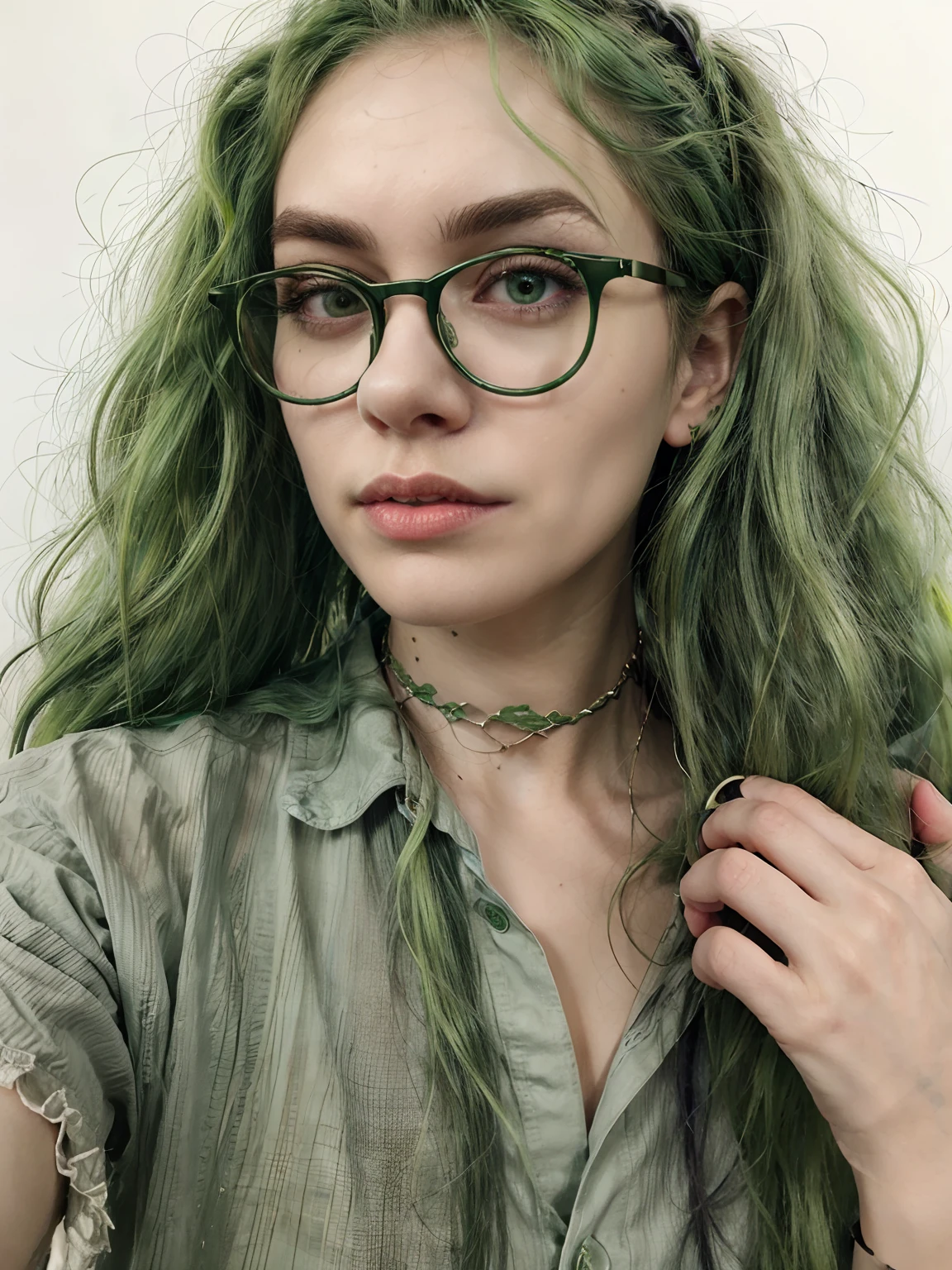 arafed woman with green hair and glasses holding a cell phone, green hair, green wavy hair, long curly green hair, long green hair, dyed hair, green colored skin!!, looks a blend of grimes, wearing green, resembling a mix of grimes, bright green hair, wearing choker, sickly green colors, looks like a mix of grimes, nsfw, boobs, clevage, nude