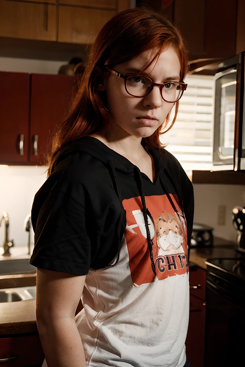 13-year-old babysitter, red hair, glasses, angry expression