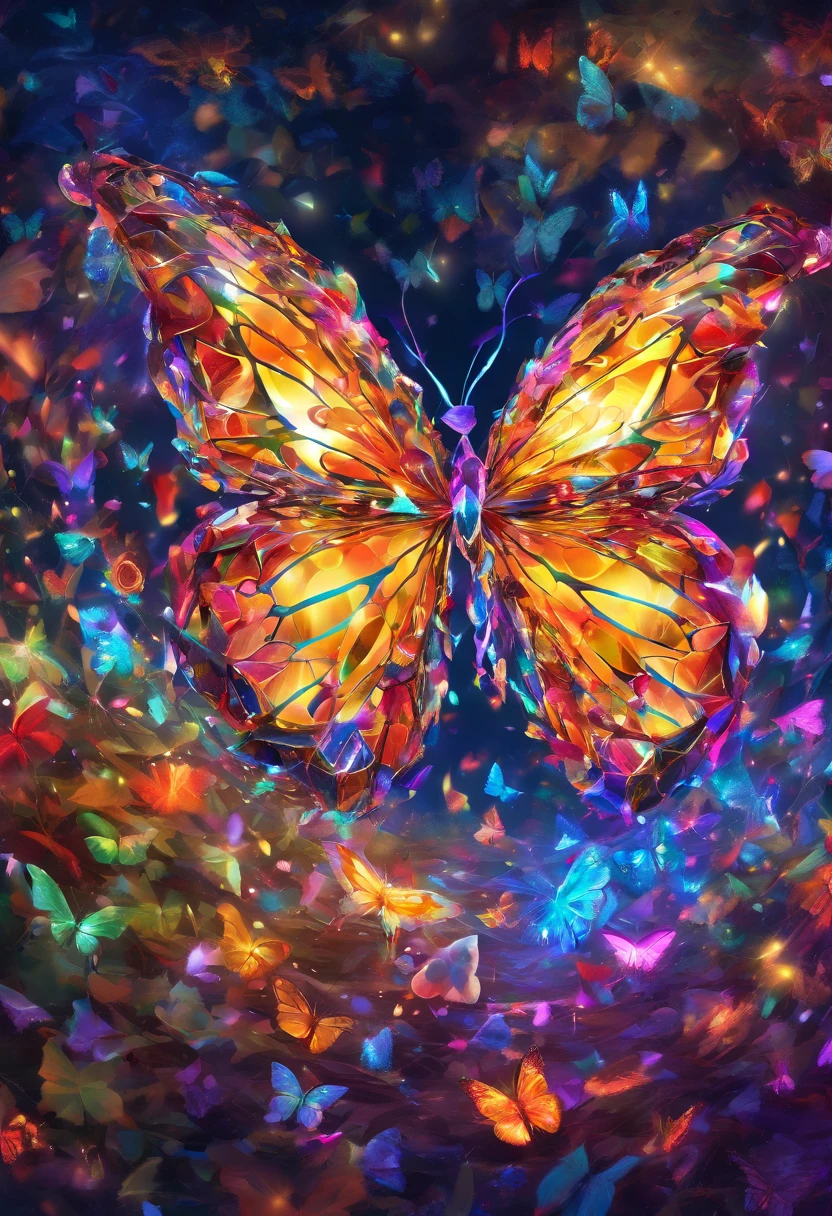(butterfly made of glass crystal: 1.7), Giant butterfly, Butterfly wings, Butterflies fly, Giant starlight butterfly in the night starry sky, Surrounded by galactic starlight, Dark Souls boss Moonlight Butterfly, Dancing in this mysterious forest, The delicate wings are as crystal clear as transparent crystals,Shimmering with a soft glow。Each wing is inlaid with brilliant and colorful crystals,From blue to purple,It shines with the sheen of starlight,A faint blue glow)。The background is a fantastical forest of elves,The trees are verdant,Tiny elves fluttered among the leaves,They shimmer,Leave a trail of shining marks in the forest, Bio-luminescence,with dynamism,Colorful,colours,(with light glowing,with light glowing),(beautiful composition), cinematic lighting,iintricate,(Butterfly wings are symmetrical: 1.0),whimsically,Surrealism, Cubist Futurism, Ghibli-like colours, first-person view, Wide-Angle, UHD, masterpiece, ccurate, anatomically correct, textured skin, super detail, high details, award winning, 8k,