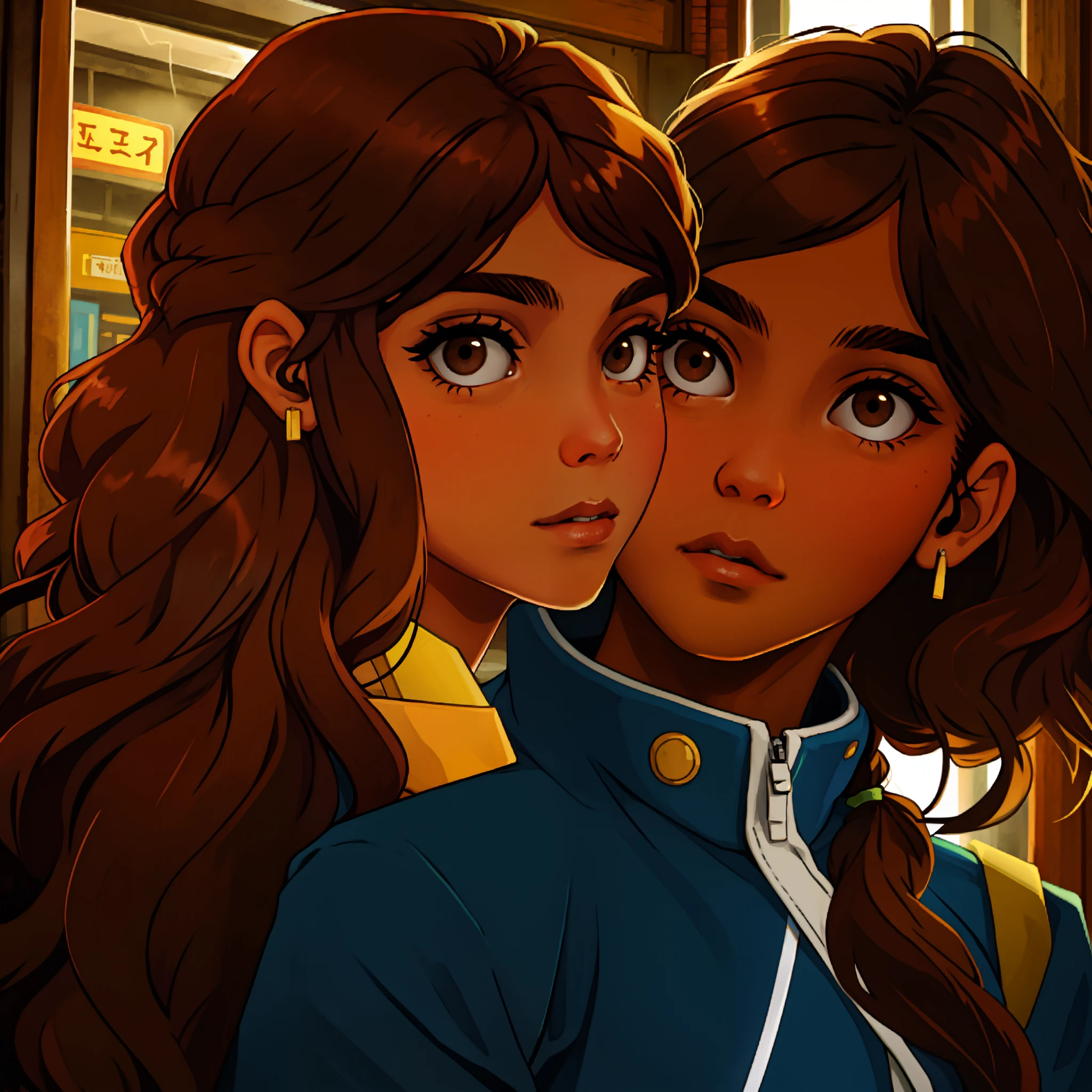 Brown hair, brown eyes, long hair, double, narrow eyes