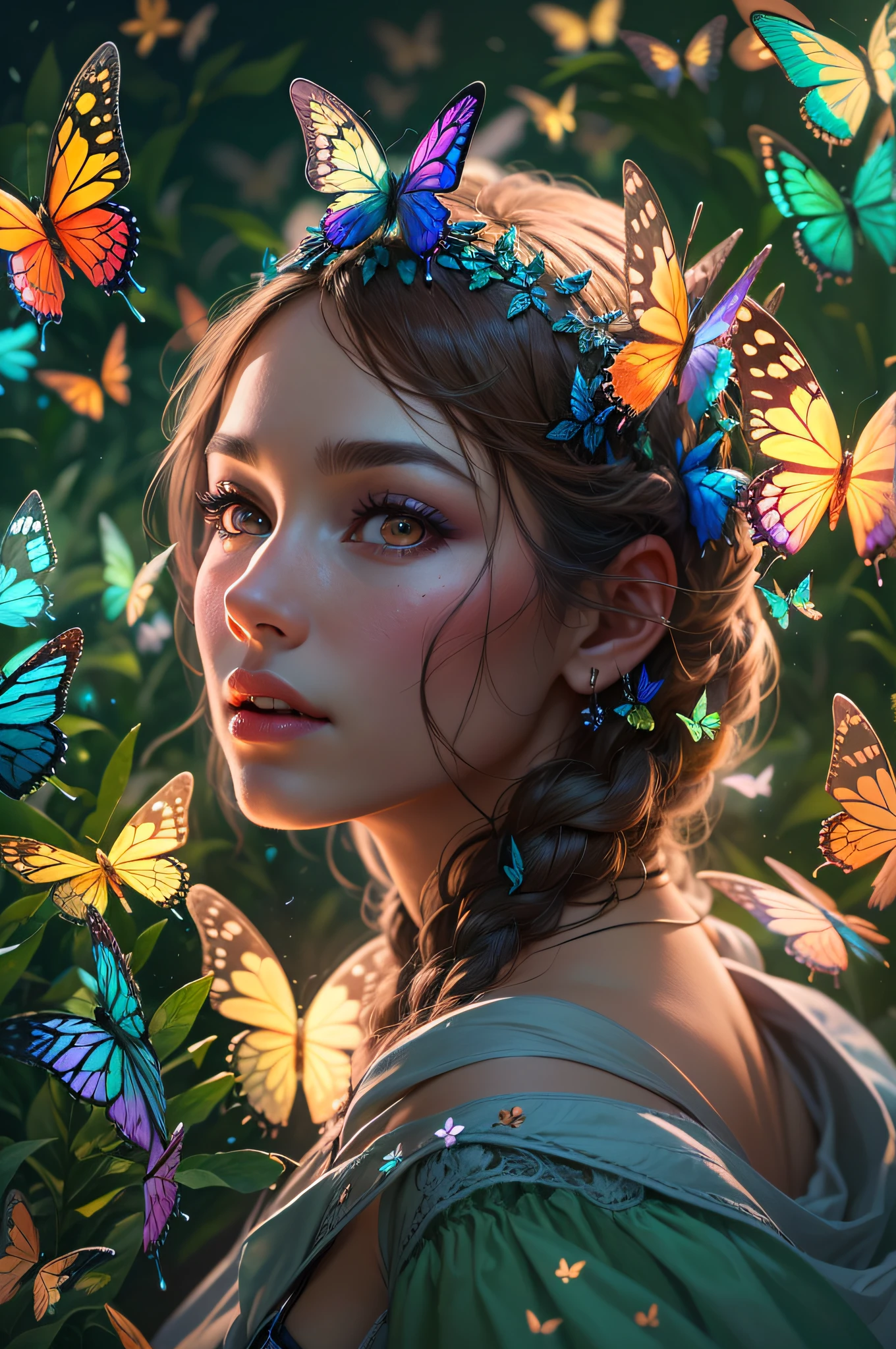 (Best quality,4K,8K,A high resolution,Masterpiece:1.2),Ultra-detailed,(Realistic,Photorealistic,photo-realistic:1.37),Queen of Butterflies，Beautiful face，Delicate makeup，It is surrounded by many glowing butterflies，(Surrounded,hemmed)  Butterflies, (numerous, multiple, many) Butterflies flew towards her.Glowing butterflies,Swarms of butterflies flew towards her,Colorful glowing butterflies，4K detailed digital art, beautiful fantasy art portrait, Beautiful digital artwork, beautiful fantasy art, Beautiful digital illustration, fantasy style art，A beautiful artwork illustration