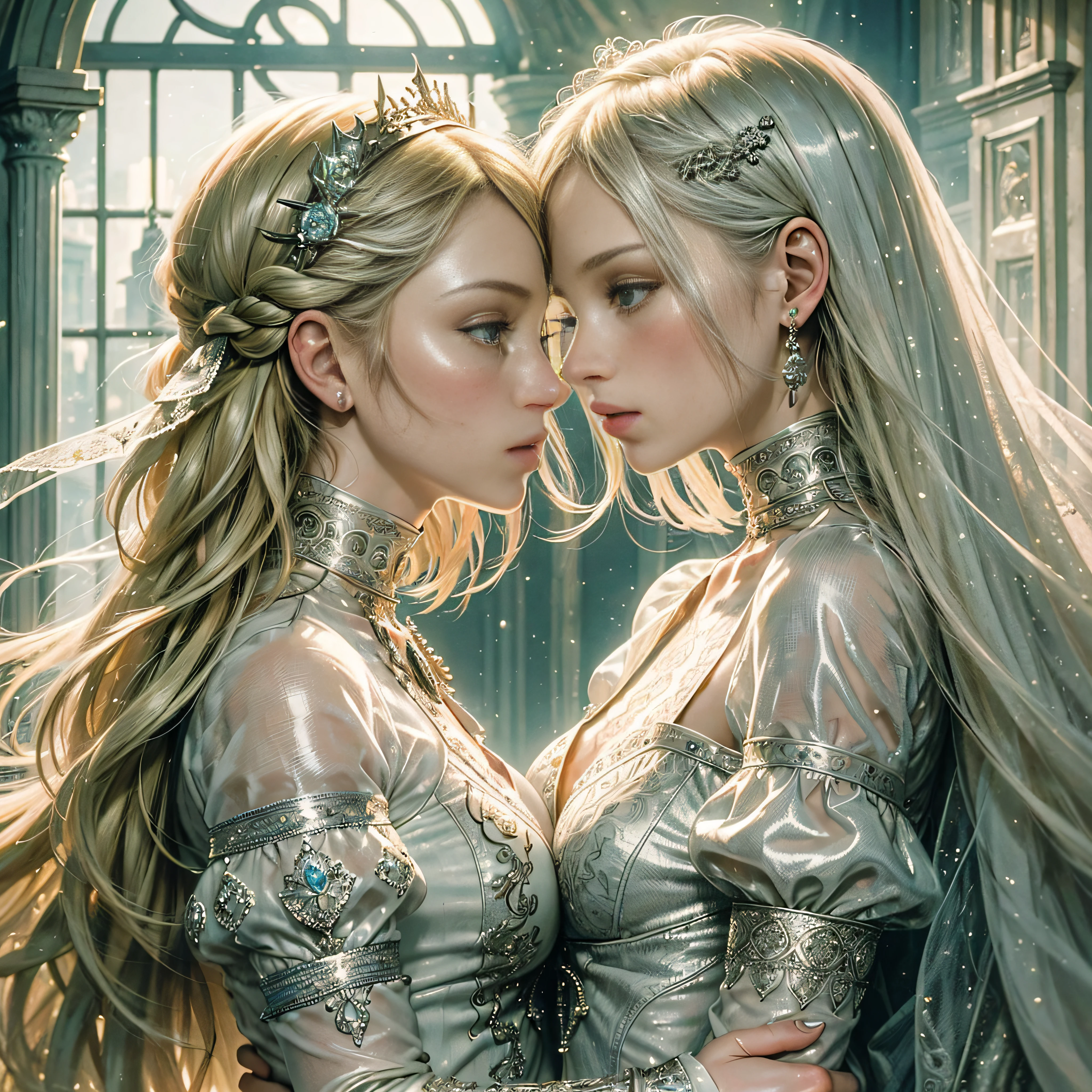 (Masterpiece - Ultra-detailed, very high resolution) Prepare to be enchanted by a true masterpiece that combines ultra-detailed art with high-resolution rendering. This work depicts a mesmerizing woman with very long blond hair (1.3) and captivating light blue eyes (1.2), emanating an aura of elegance and mystery in Victorian settings. The intricate details and realistic textures invite you to explore every aspect of this enchanting composition. Woman wearing beautiful classic Victorian costume from the year 1878. Red lips. Happy face. Smiling. (white dress). Dancing lightly, upper body, dynamic poses. Get ready to dive into a world where beauty and craftsmanship merge perfectly. kissing a man.