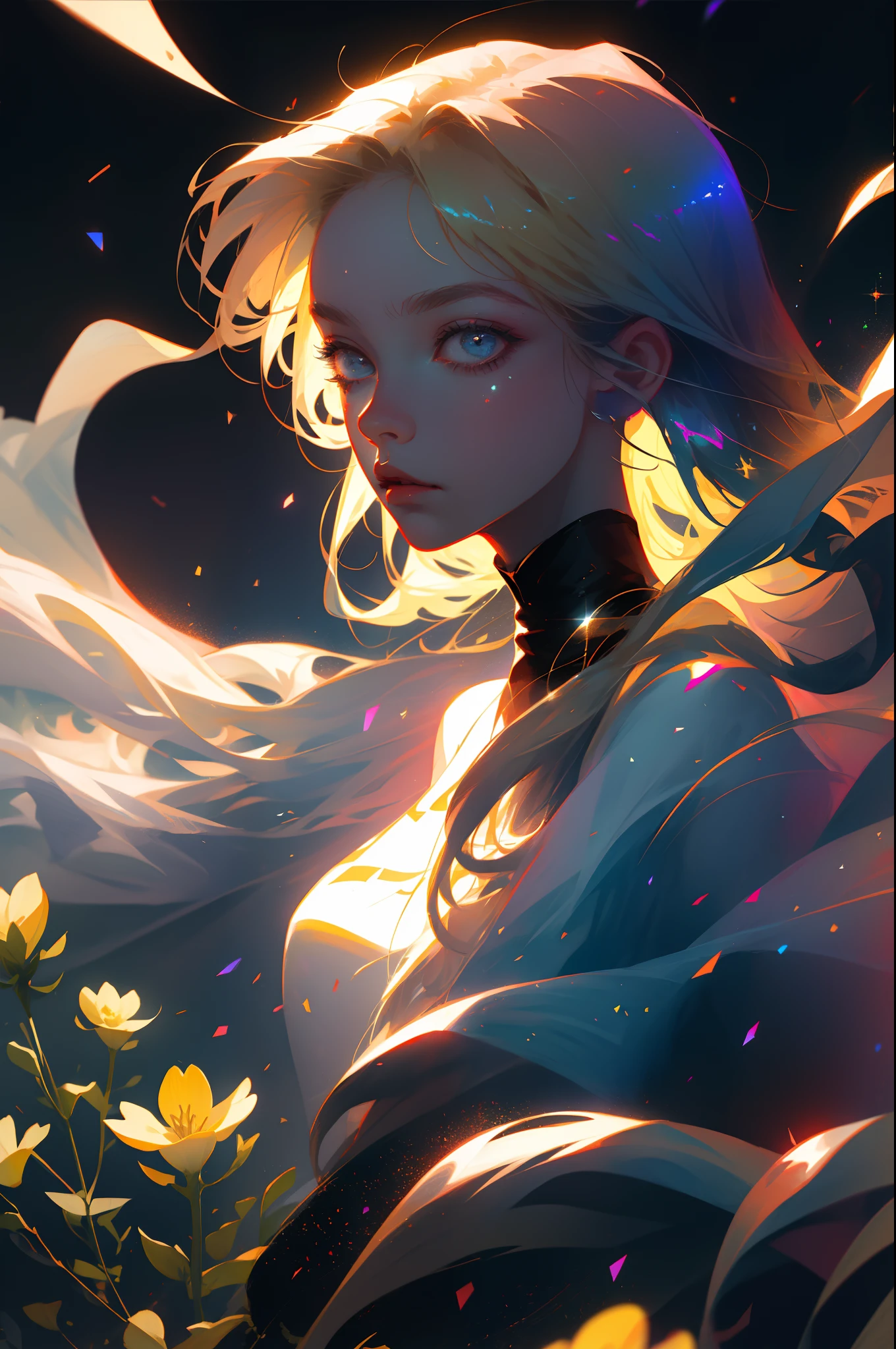（Need，tmasterpiece），1girll，Pose，Particle，ventania，florals，The upper part of the body，simplebackground，looking at viewert，Focus on the face，blond hairbl，delicated face，cool emoji，Look at the audience