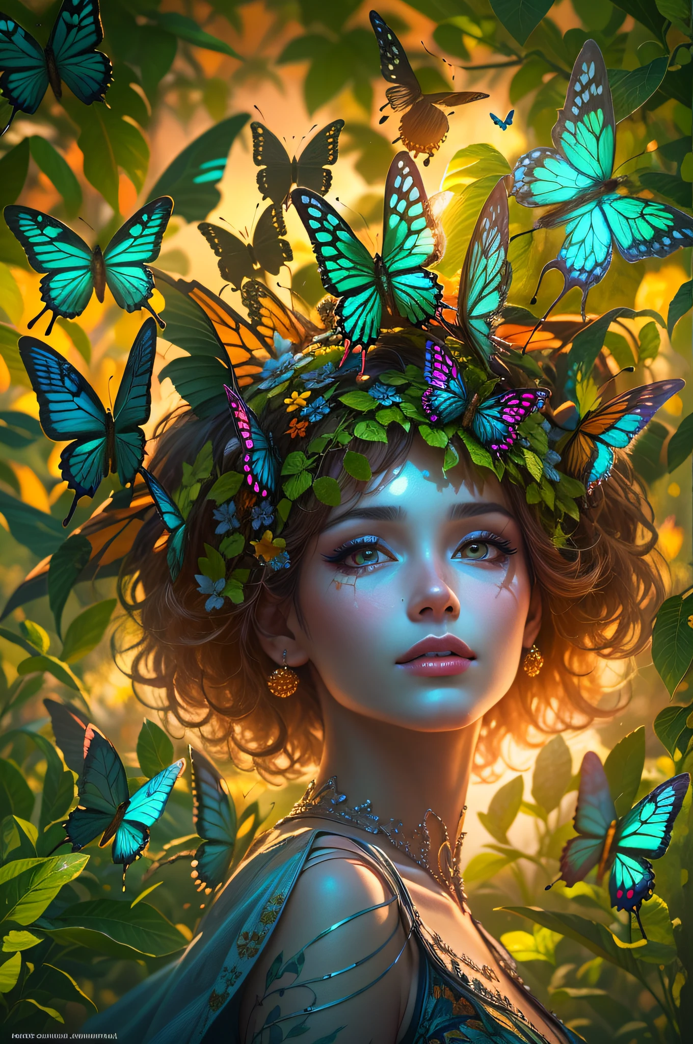 (Best quality,4K,8K,A high resolution,Masterpiece:1.2),Ultra-detailed,(Realistic,Photorealistic,photo-realistic:1.37),The queen of the forest with butterfly wings,Beautiful face,Delicate makeup,(Surrounded,hemmed) By (Glowing, luminous) Butterflies, (numerous, multiple, many) Butterfly to her.Glowing butterflies,Swarms of butterflies flew towards her,Colorful glowing butterflies,4K detailed digital art, beautiful fantasy art portrait, Beautiful digital artwork, beautiful fantasy art, Beautiful digital illustration, fantasy style art,A beautiful artwork illustration