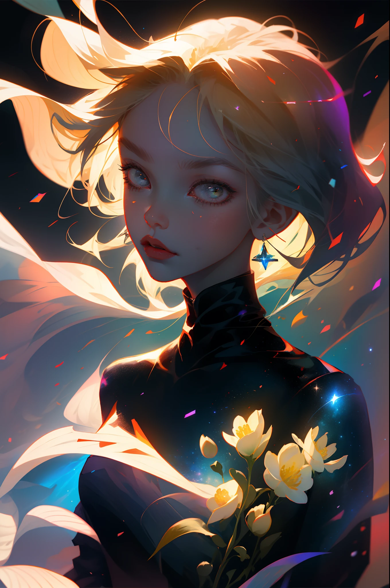 (best quality, masterpiece), 1girl, pose, particle, wind, flower, upper body, simple background, looking at viewer, blonde, galaxy,