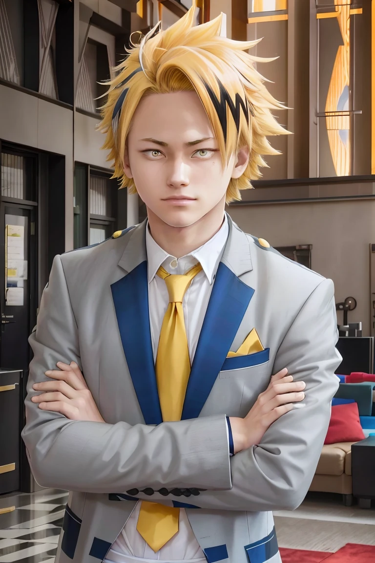 kaminari denki\(boku no hero academia\), 1boy, solo, looking at viewer, male focus, bangs, short hair, blonde hair, multicolored hair, spiked hair, yellow eyes, smirk, school uniform, blazer, collared shirt, red necktie, grey jacket, u.a. school uniform