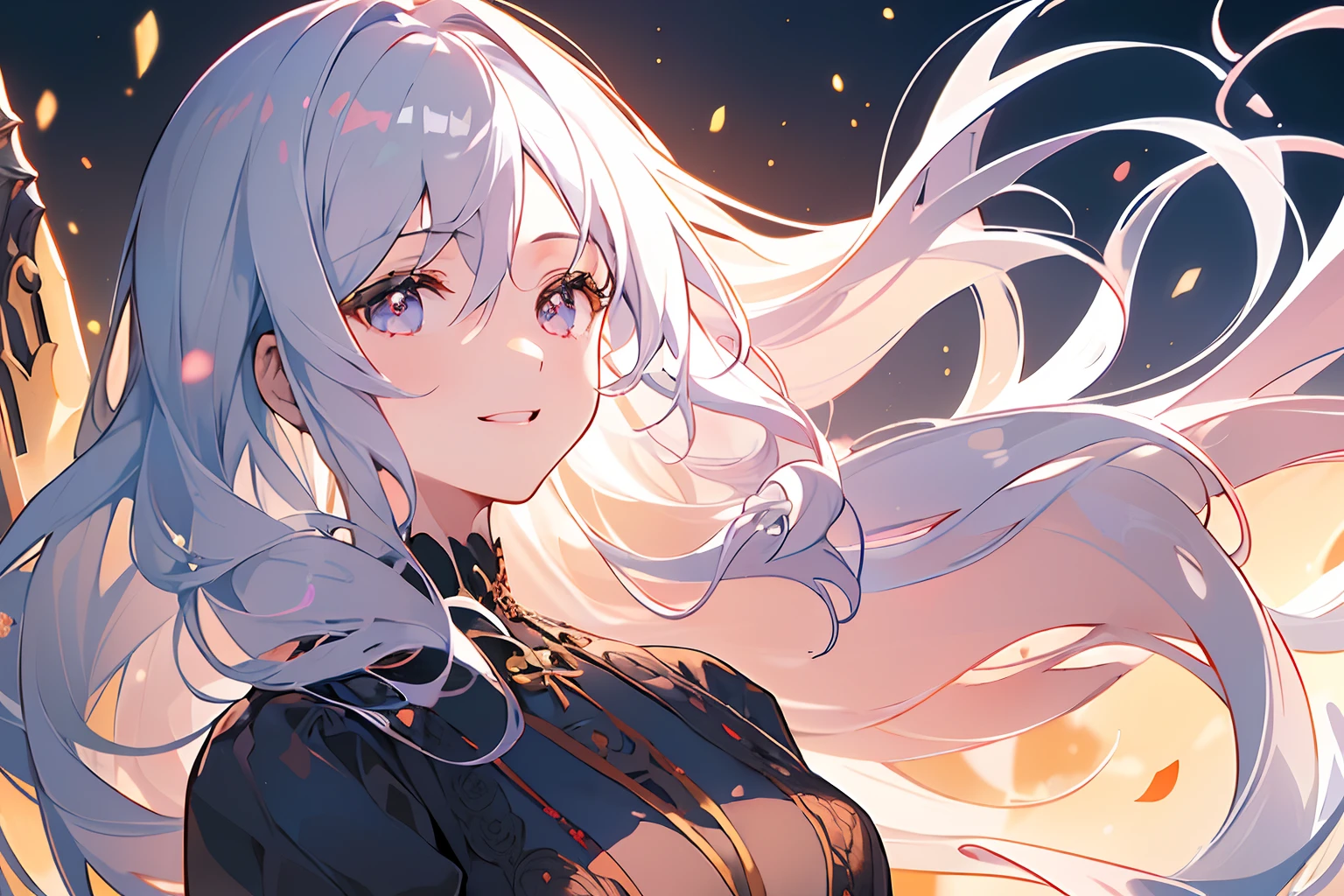 1girl in,Alone,Single,Solo,only one,One character,(((Personage as the main perspective))),(((characters in the middle))),((masutepiece)),((Best Quality)),(Ultra-detailed),(Illustration),Clear margins,Alphonse Mucha,the Extremely Detailed CG Unity 8K Wallpapers,((extremely delicate and beautiful)),(Dynamic Angle), (8K、Masterpiece、masutepiece、masterpiece)Vampires、Black dress、Cool dresses、Red Rose、roses、Background Simple、demon realm、cute little、a cool、(1girl in、the scythe、Diabolical、pluma)Silvery hair、Pale flesh-colored skin、Golden eyes、Cat-like pupils、a smile、There is something crazy about that smile、((((1girl in))))
