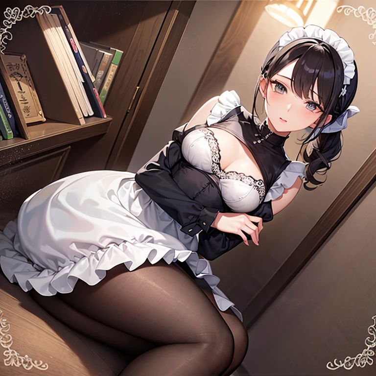 A young maid, her sadness reflecting the twenty years of life she has experienced, her light makeup accentuating the brightness and wisdom in her gray eyes. She is petite with a slightly slender figure, and her hair is tied up in a ponytail, the emblem of a ubiquitous young girl. Her immaculate and glamorous maid outfit serves as proof of her status and conceals the untold secrets she bears. However, in her hands, she holds a meticulously kept schedule and financial records, while the historical texts on the bookshelf are treasures she cherishes dearly. She is not a fragile bird in a cage but an ambitious young eagle ready to take flight. (highres,4k,photorealistic:1.2),ultra-detailed,professional,sharp focus,studio lighting,portraits,beautiful detailed eyes,beautiful detailed lips,gray eyes,long eyelashes,elegant maid outfit,slender figure,ponytail hairstyle,meticulous records,treasured historical texts
