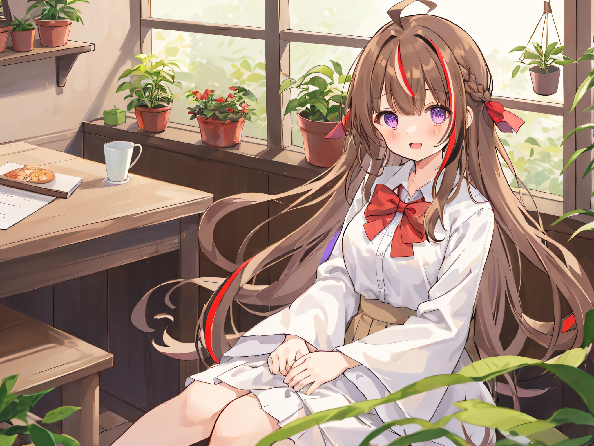 Girl, ahoge, bangs, Blush, bow, Breasts, Brown hair, flower, hair adornments, Indoors, Long hair, Long sleeves, view the viewer, Medium breasts, Open mouth, plant, potted plant, Purple eyes, Red bow, shirt, Sitting, Skirt, Smile, Solo, streaked, Very long hair, White shirt, Wide sleeves, window