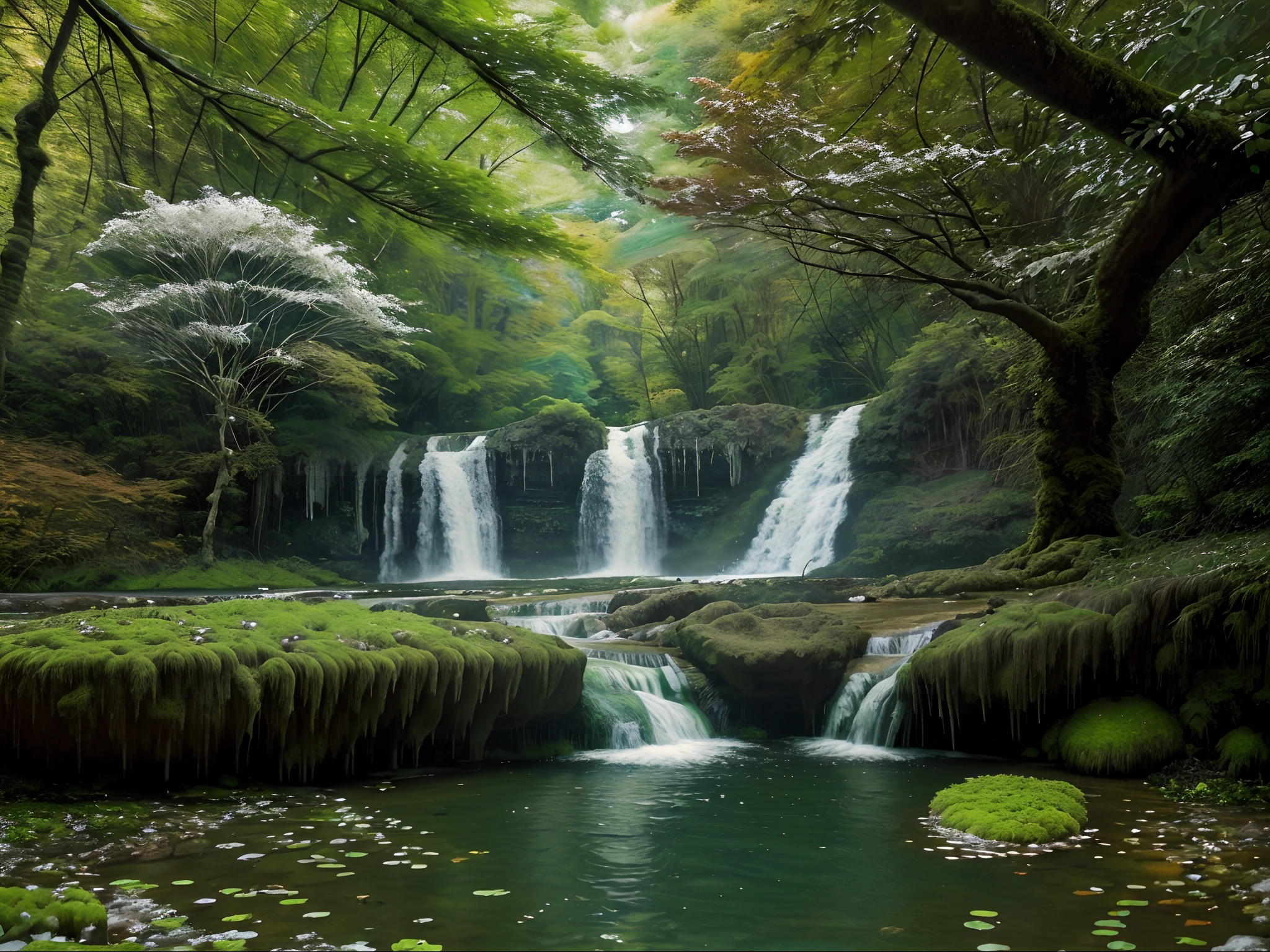 waterfall, water, forest, nature, river, cascade, landscape, green, stream, tree, fall, park, tropical, rock, stone, jungle, lake, flow, spring, scenery, trees, moss, mountain, fresh, pond