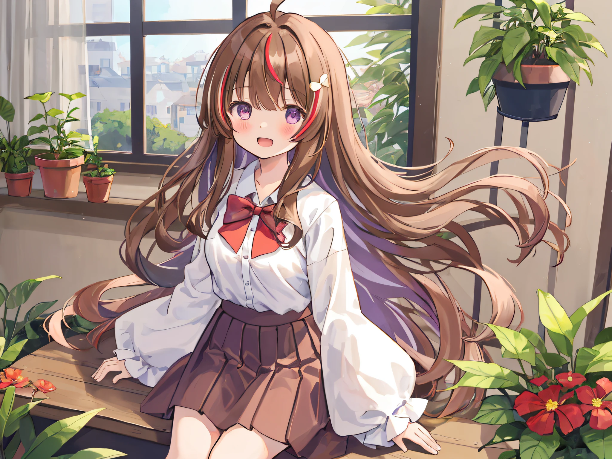 Girl, ahoge, bangs, Blush, bow, Breasts, Brown hair, flower, hair adornments, Indoors, Long hair, Long sleeves, view the viewer, Medium breasts, Open mouth, plant, potted plant, Purple eyes, Red bow, shirt, Sitting, Skirt, Smile, Solo, streaked, Very long hair, White shirt, Wide sleeves, window