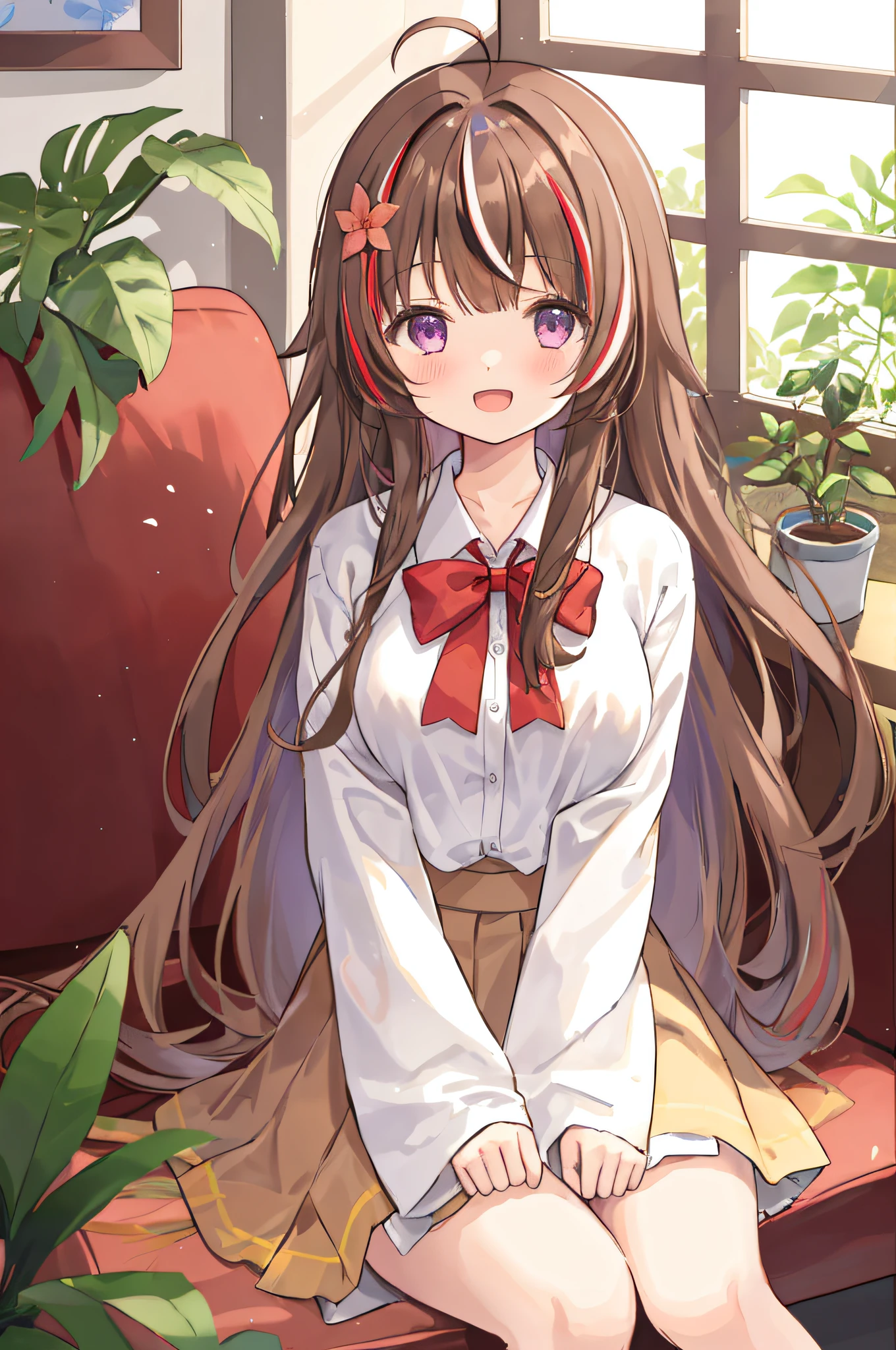 Girl, ahoge, bangs, Blush, bow, Breasts, Brown hair, flower, hair adornments, Indoors, Long hair, Long sleeves, view the viewer, Medium breasts, Open mouth, plant, potted plant, Purple eyes, Red bow, shirt, Sitting, Skirt, Smile, Solo, streaked, Very long hair, White shirt, Wide sleeves, window