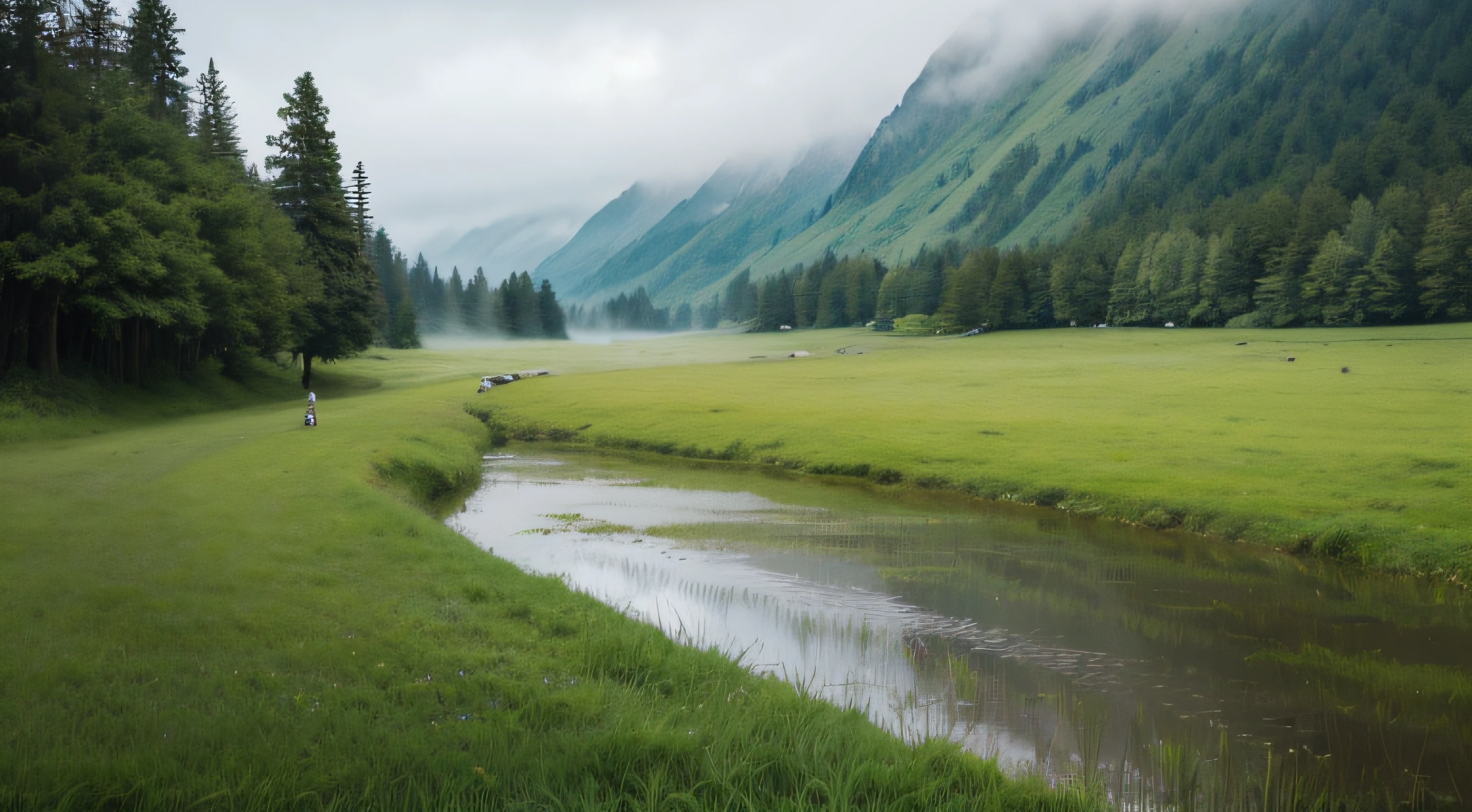 peaceful and serene, Beautiful place, quiet and serene atmosphere, lush grassland, in a serene landscape, stunning nature in background, Beautiful environment, very beautiful scenery, beautiful serene landscape, peaceful scenery, Fantastic wilderness scenery, Really beautiful nature, Nature wallpaper,Realiy,meticuloso,rainy sky,Ethereal mist