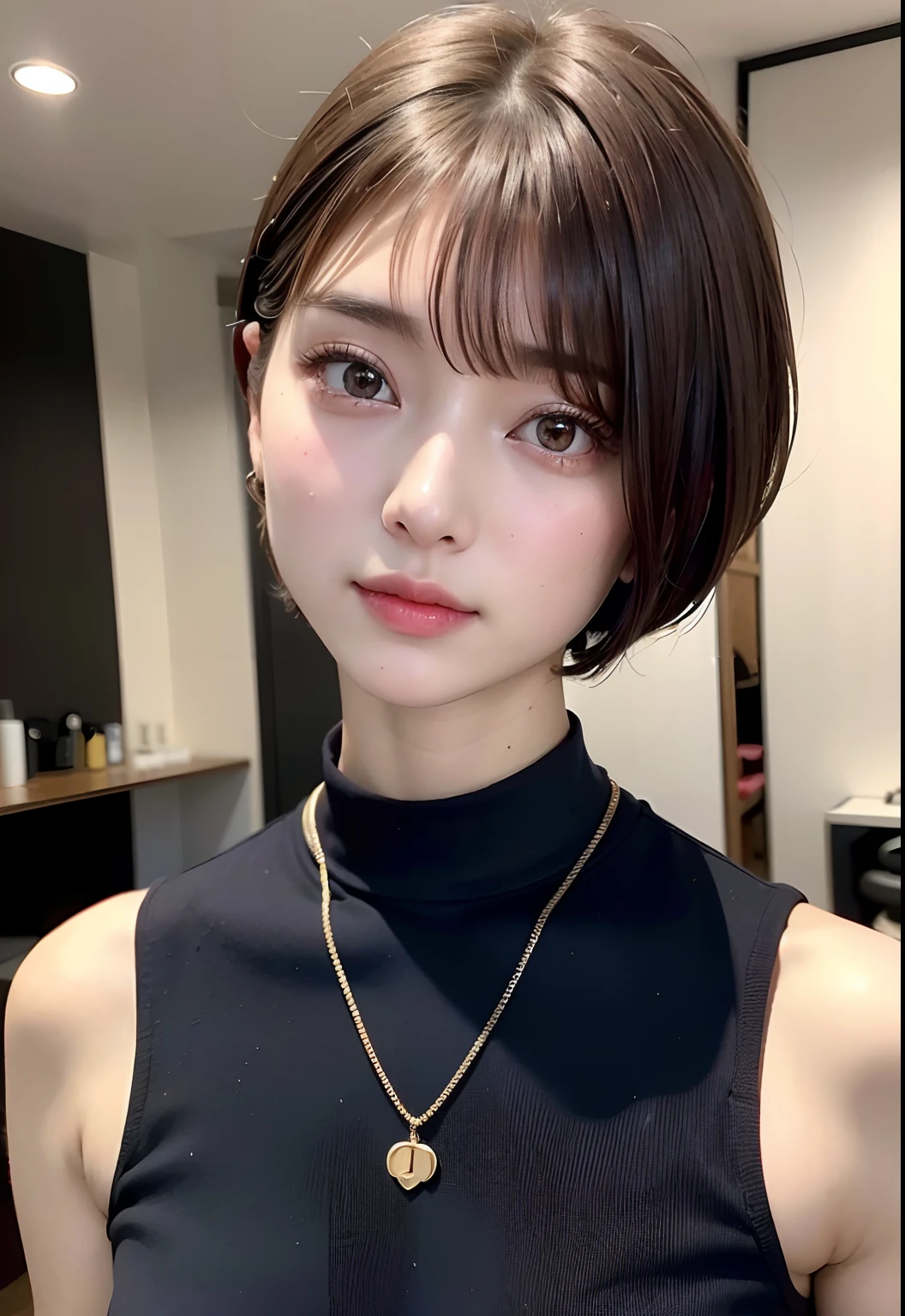 ((top-quality))、(masuter piece:1.4)、Raw photography、8K、((Top image quality))、 ((hight resolution))、Beautiful face in every detail、Realistic human skin、Gentle expression、(One lady:1.3 )、realisitic、Photorealsitic、(extra very short hair:1.4)、(Beautuful Women)、extra very short hair、(Cute Japan Girls)、((Pretty Woman))、(Beautiful hair)、(dark brown  hair)、(((Red cheeks)))、((big eye))、20-year-old beauty、(Smaller face:1.5)、Smaller head、((long neck))、pale skin、Spot-free skin、With bangs、Everyone longs for、Beautiful female model in Japan、eight heads high、(a necklace)、((Beauty Salon))、、Looking at the camera、singers、Everyone admires her、(There are celebrities)、Beautiful female model in Japan、(Haircut Models:1.3)、(The aspirations of young people)、