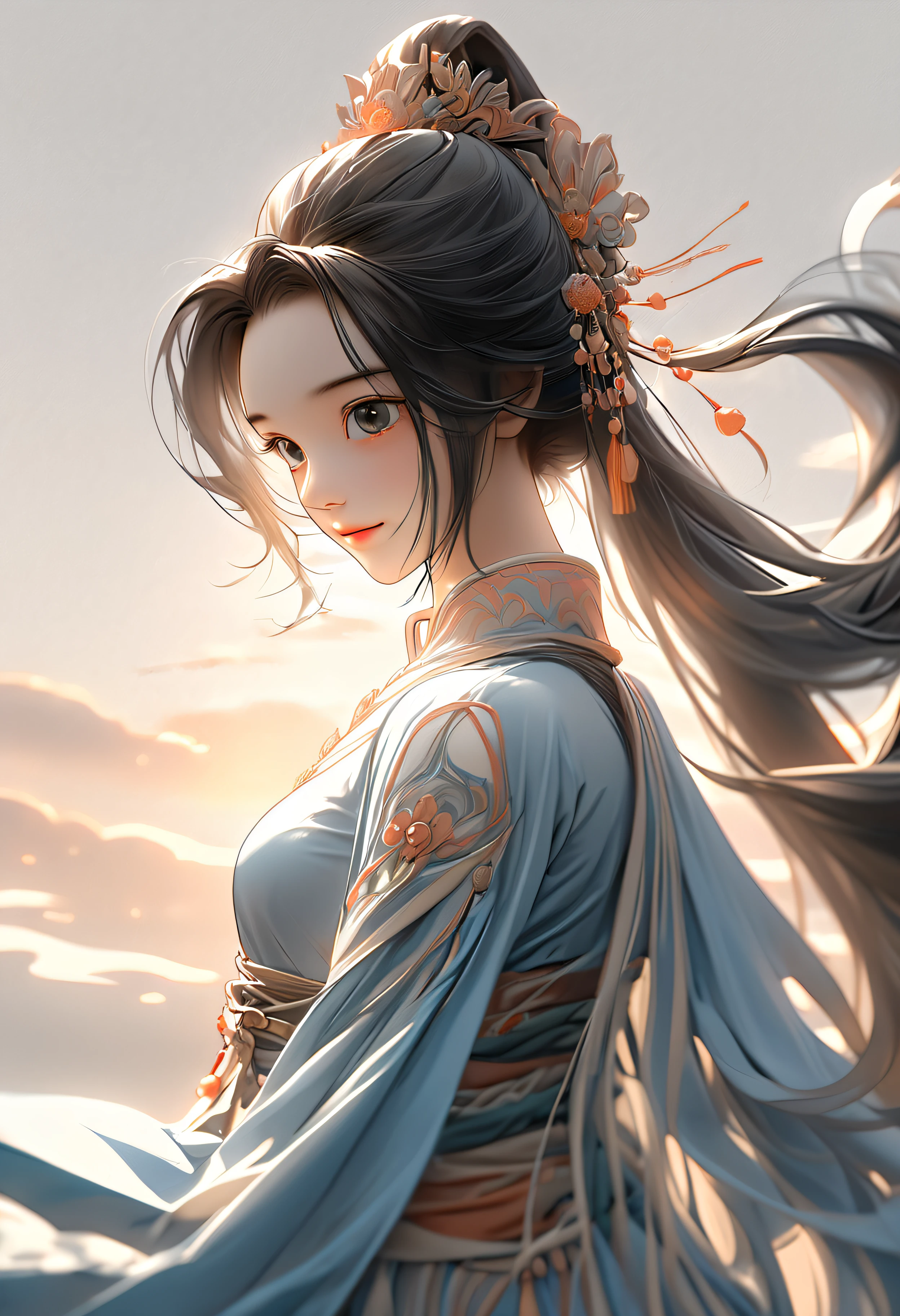 A little girl looking back at the camera, 3/4 angle, side view, close-up, smile, black long hair, black Hanfu, Tang suit, natural light, side light, sunset, 3D, C4D, OC rendering, Chinese style illustration, futuristic style, - ar 9:16- niji 5