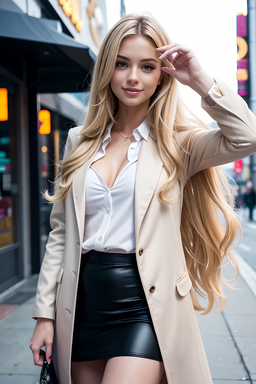 1 gorgeous blonde woman taking a selfie of herself,with long wavy hair wearing (Satin shirt:1.0)
, tight skirt, and long wool coat, 23 ans, she’s a playboy magazine model, in front of a movie theater, sexy pose, flirts with camera, smile, happiness, canon 85 mm, Light depth of field, Kodak Ektar 200, perfect fit body, extreme details ,UHD