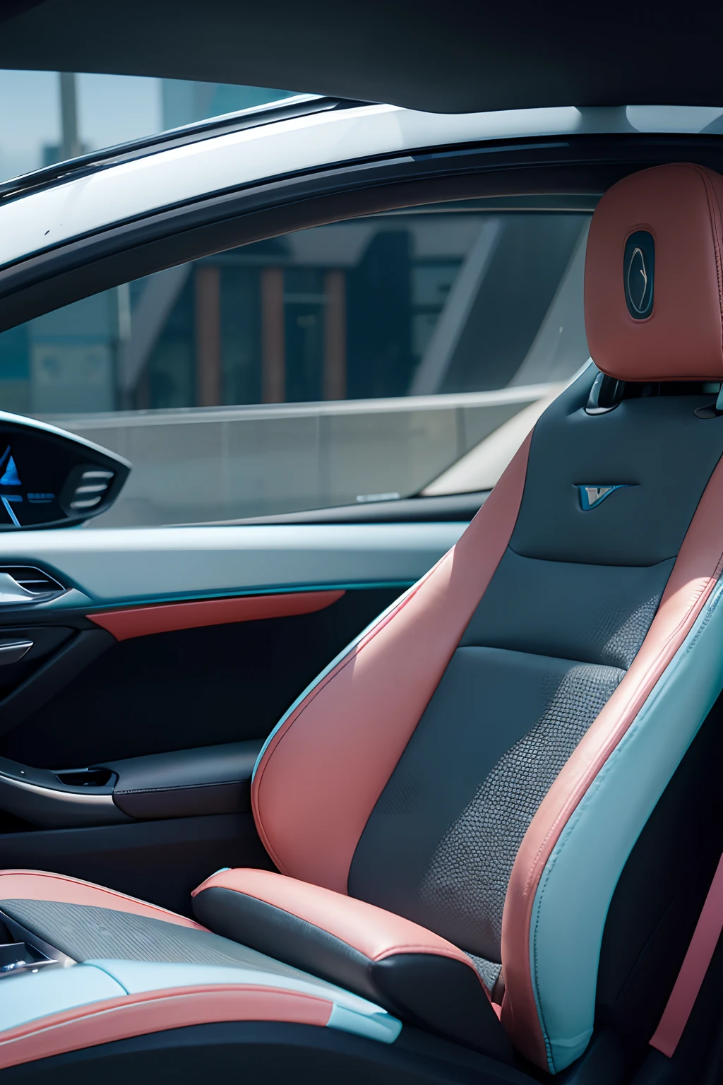 Close-up of a car seat against a background of a cityscape, futuristic design, inside car, Concept car, future design, conceito, Very futuristic, very cozy], futuristic product car shot, concept ar, modern car design, photo from 2022, Pininfarina, Elegant interior, futuristic concept design, futuristic hi-tech details，Driving at sea，Sunny morning，Dolphin skin，Pink dolphin skin，Super detailed textures，Rich textures，glowing blue interior components，Texture of a dolphin，Super rich textures