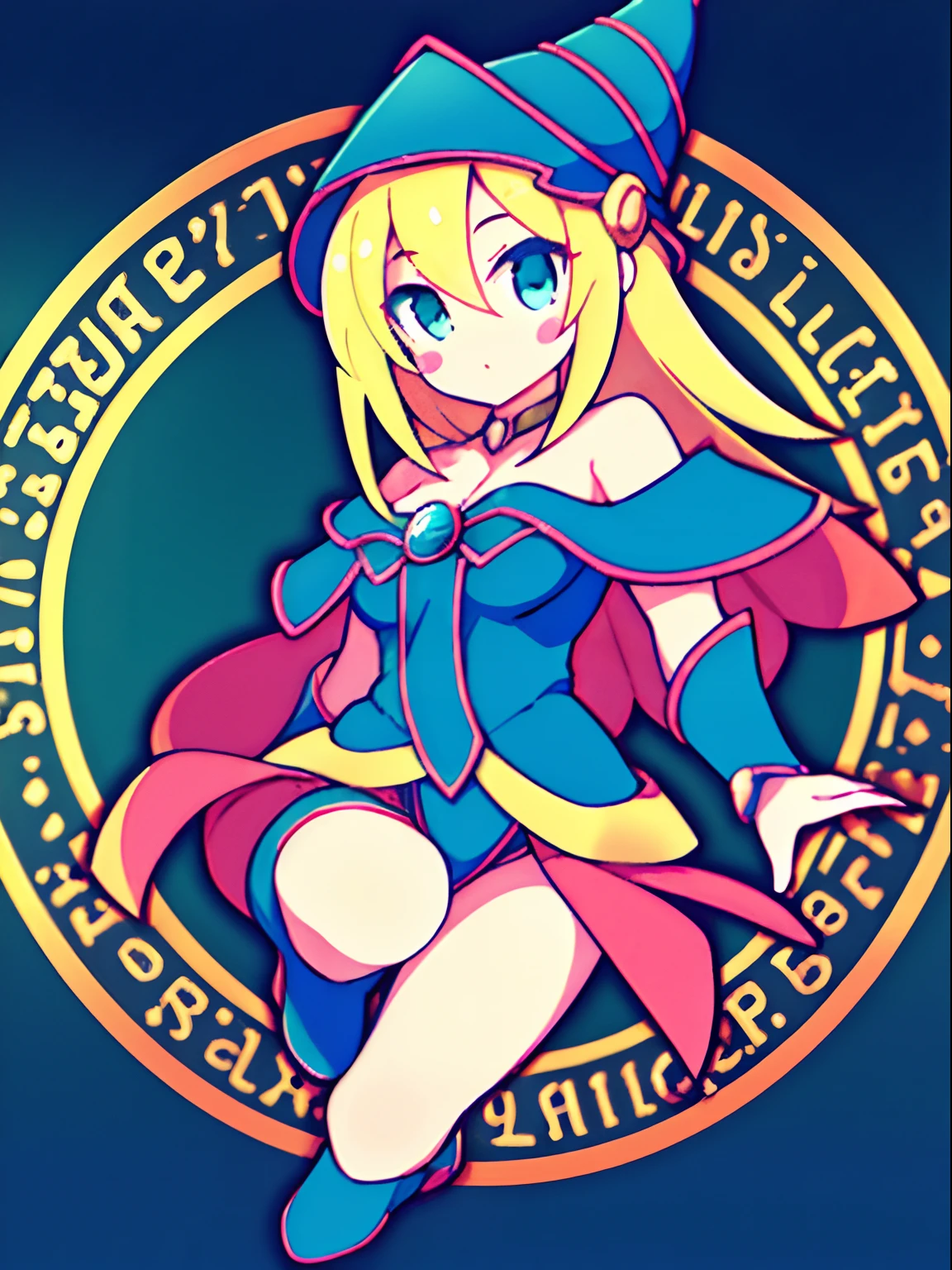 dark sorceress, dark sorceress, blonde hair, choker necklace, (green colored eyes:1.5), The long-haired, BREAK bare shoulders, blue shoes, red blush, blush stickers, bodyguard, 鎖骨, Duel Monsters, ha, Trimmed shoulders, pentacle, Sorcerer's hat, (blue clothing:1.5), REST looking at the viewer, Outdoor Rest, 城市, Romper (masterpiece:1.2), best qualtiy, High resolution, Unit 8K Wallpapers, (diagrams:0.8), (beatiful detailed eyes:1.6), extra detailed face, Perfect Lighting, extremely details CG, (perfect hand, Perfect Anatomy), Young look, (Magic circle in the background:1.3), (1girll:1.3), blush stickers, (are small:1.3)