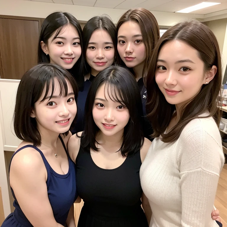 Group photo of 5 girls, portrait of a japanese ,(Best Quality,4K,8K,hight resolution,masutepiece:1.2),Ultra-detailed,(Realistic,Photorealistic,Photorealsitic:1.37),cute-style,dian,Dribbling High Detail 8K,Studio Lighting - V 6, Randomly cute pleated skirt,Randomly cute clothes, Random Faces, Random curly hair